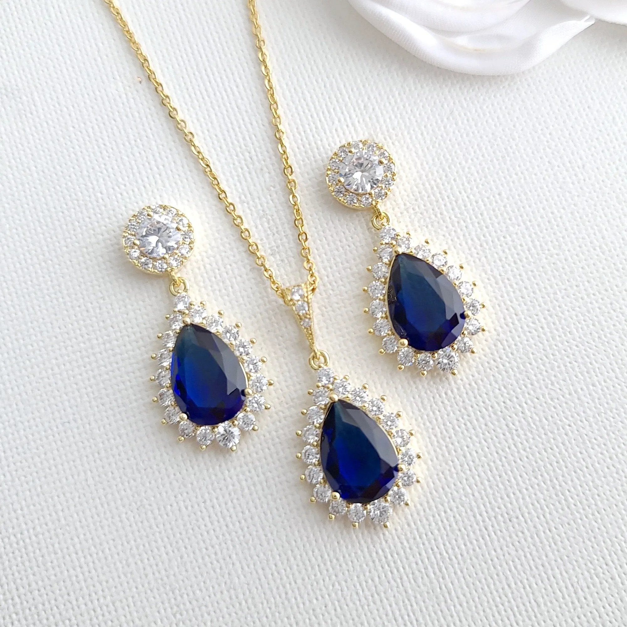 Sapphire Blue Stone Earrings Necklace Set-Aoi