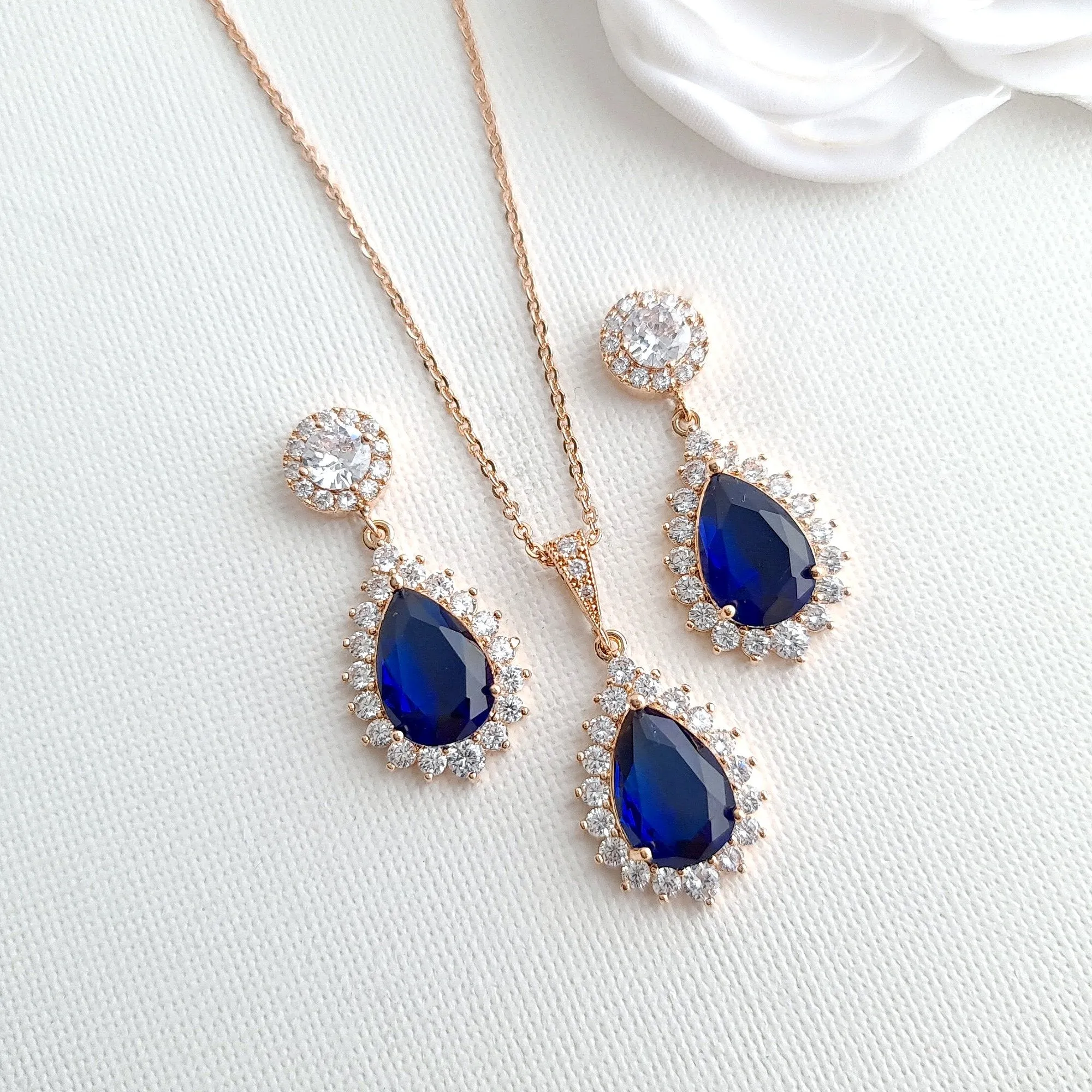 Sapphire Blue Stone Earrings Necklace Set-Aoi