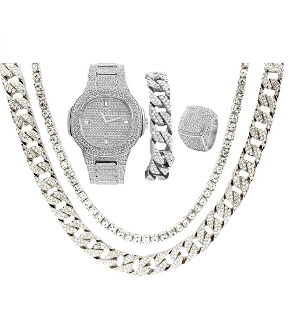 Silver Color Watch Simulated Diamond Watch Cuban Link Necklace Bracelet Set Tennis Chain Hip Hop Watch Earring Bundle