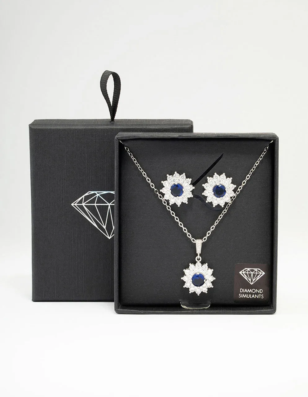 Silver Cubic Zirconia Daisy Sapphire Jewellery Set