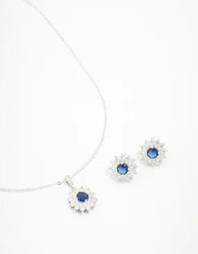 Silver Cubic Zirconia Daisy Sapphire Jewellery Set