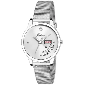 Silver Day & Date Function Steel Mesh Chain Analog Watch - For Women JW596