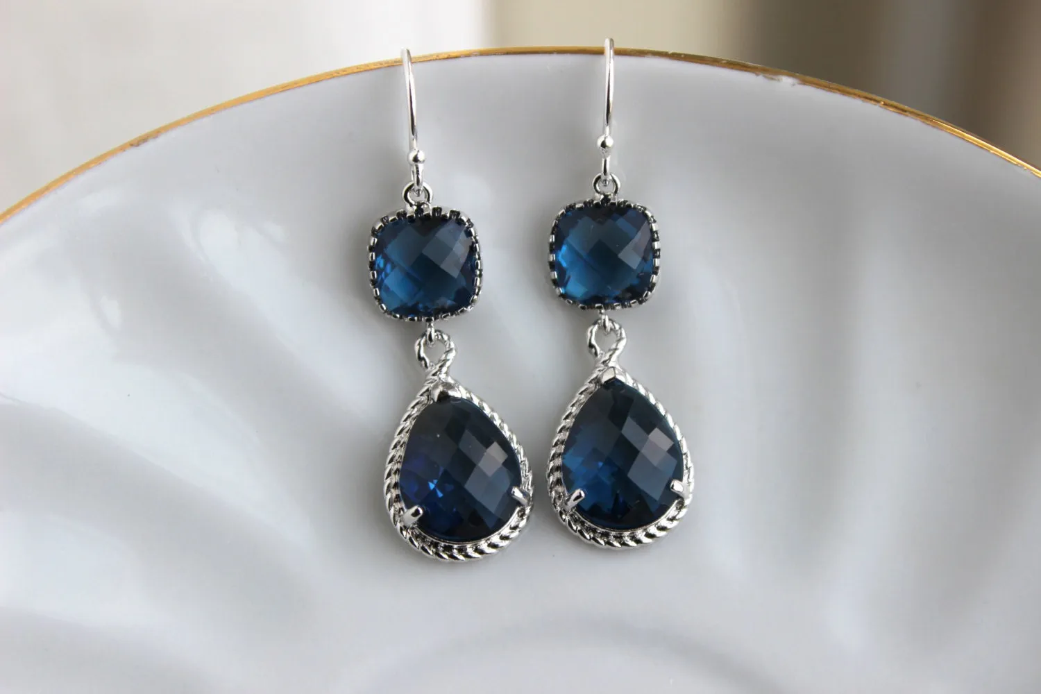 Silver Sapphire Earrings Navy Blue Jewelry Teardrop Glass Two Tier - Sapphire Bridesmaid Earrings Navy Blue Wedding Jewelry - Something Blue