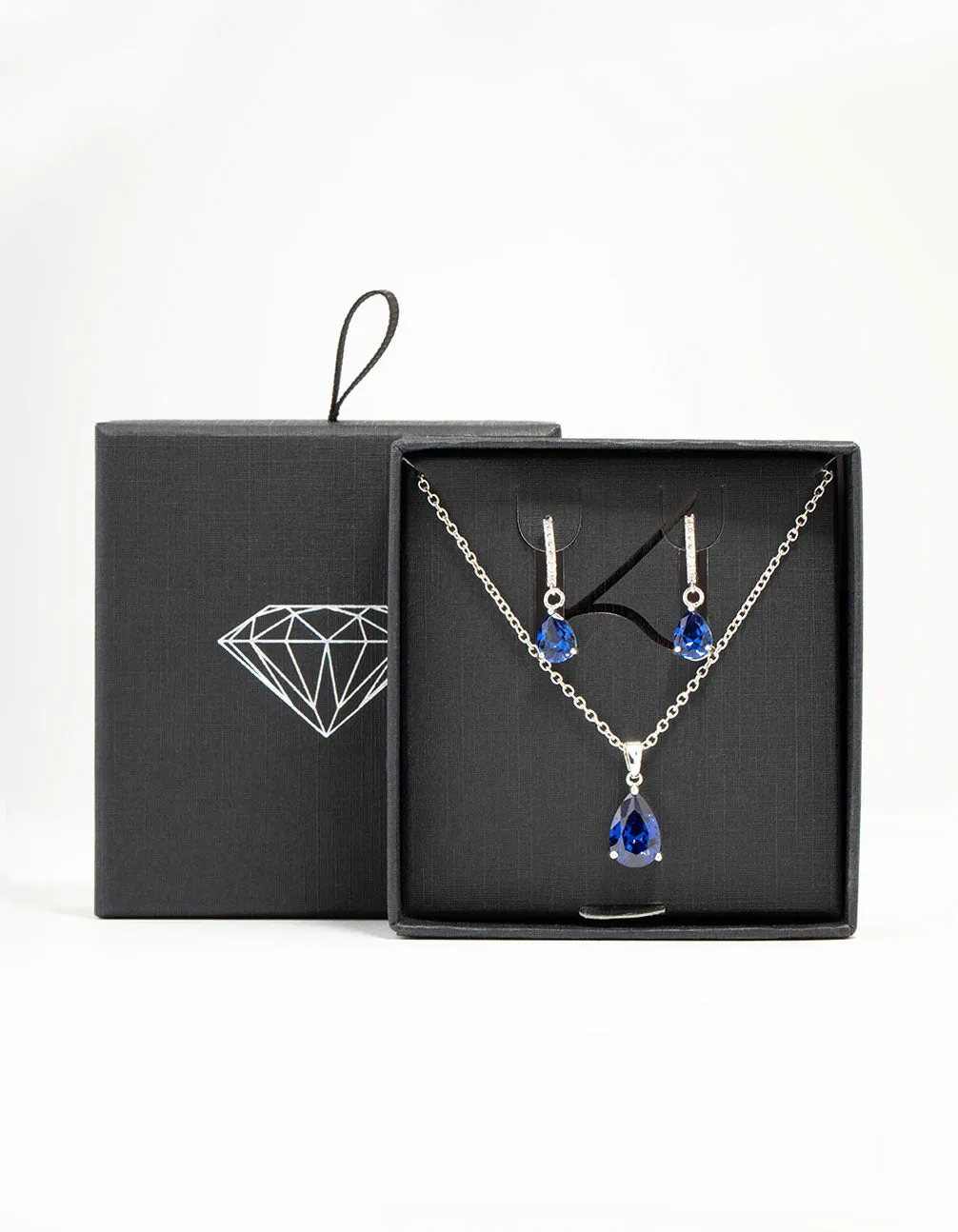 Silver Sapphire Teardrop Necklace & Earrings Set