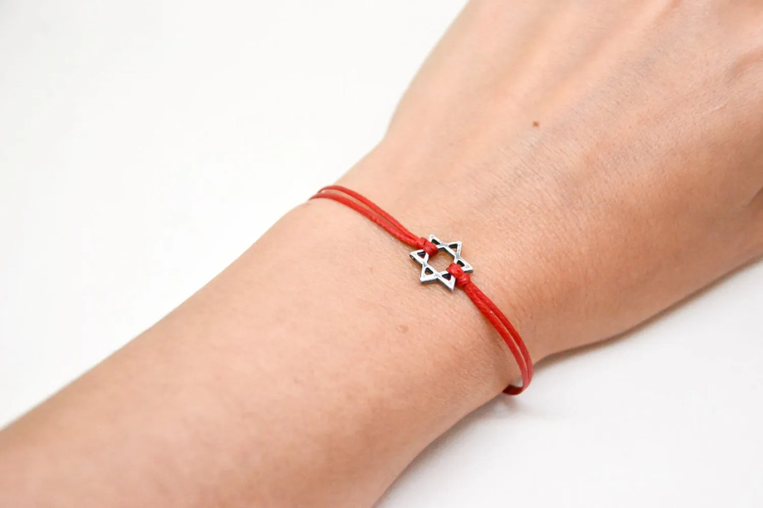 Silver Star of David bracelet, red cord, Jewish gift for her