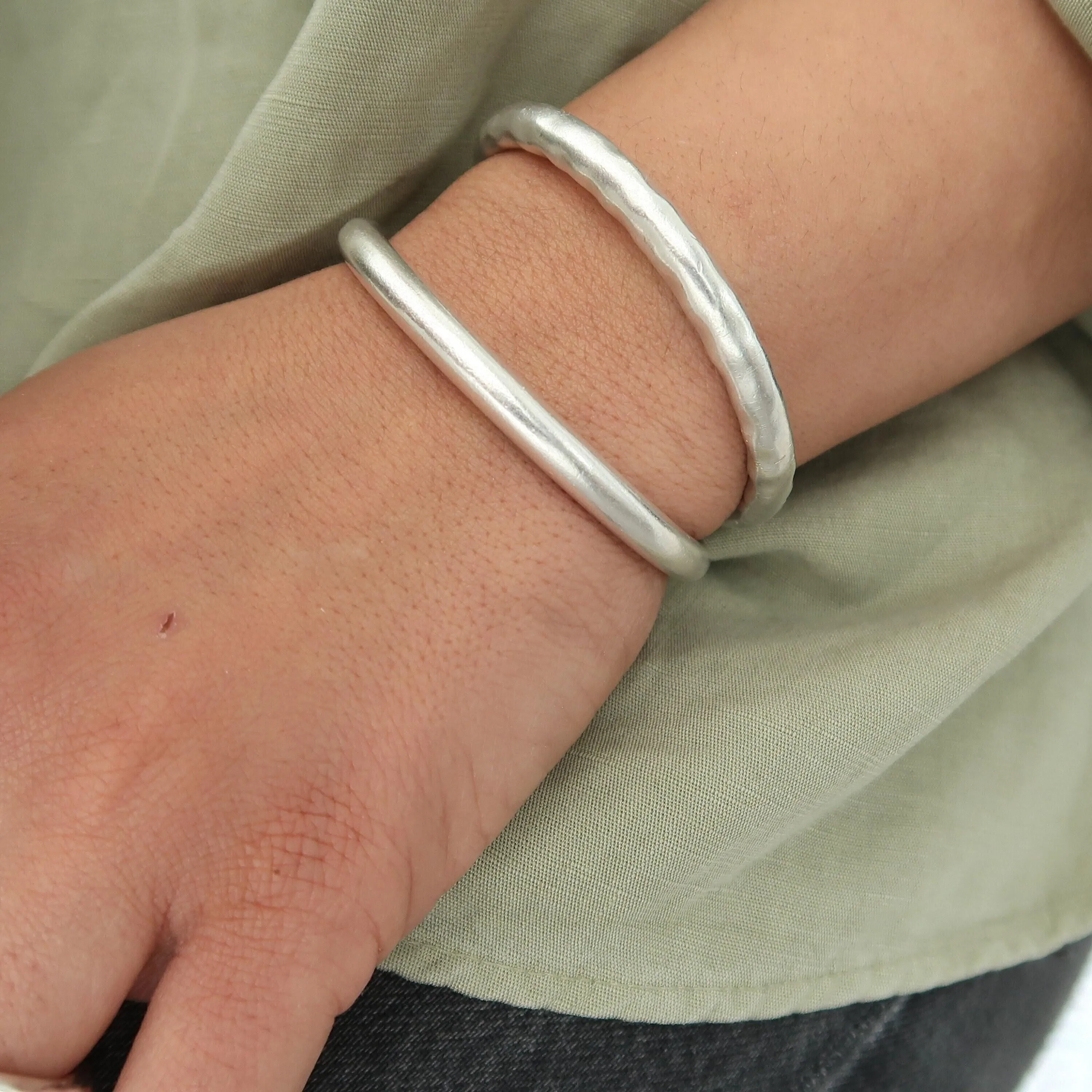 Silver Thick Hammered/Simple Shiny Cuff Bracelet