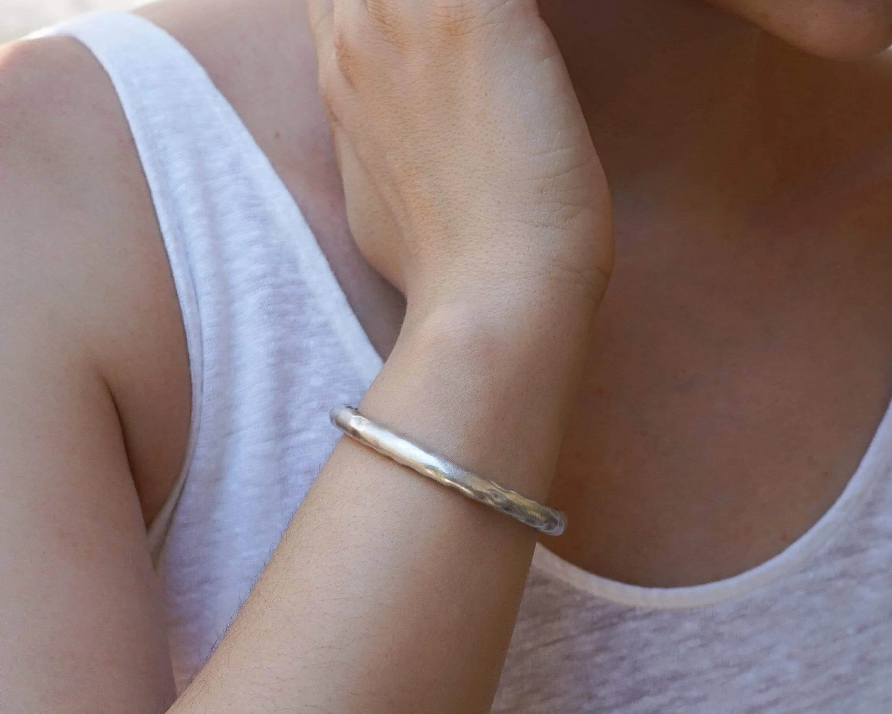 Silver Thick Hammered/Simple Shiny Cuff Bracelet