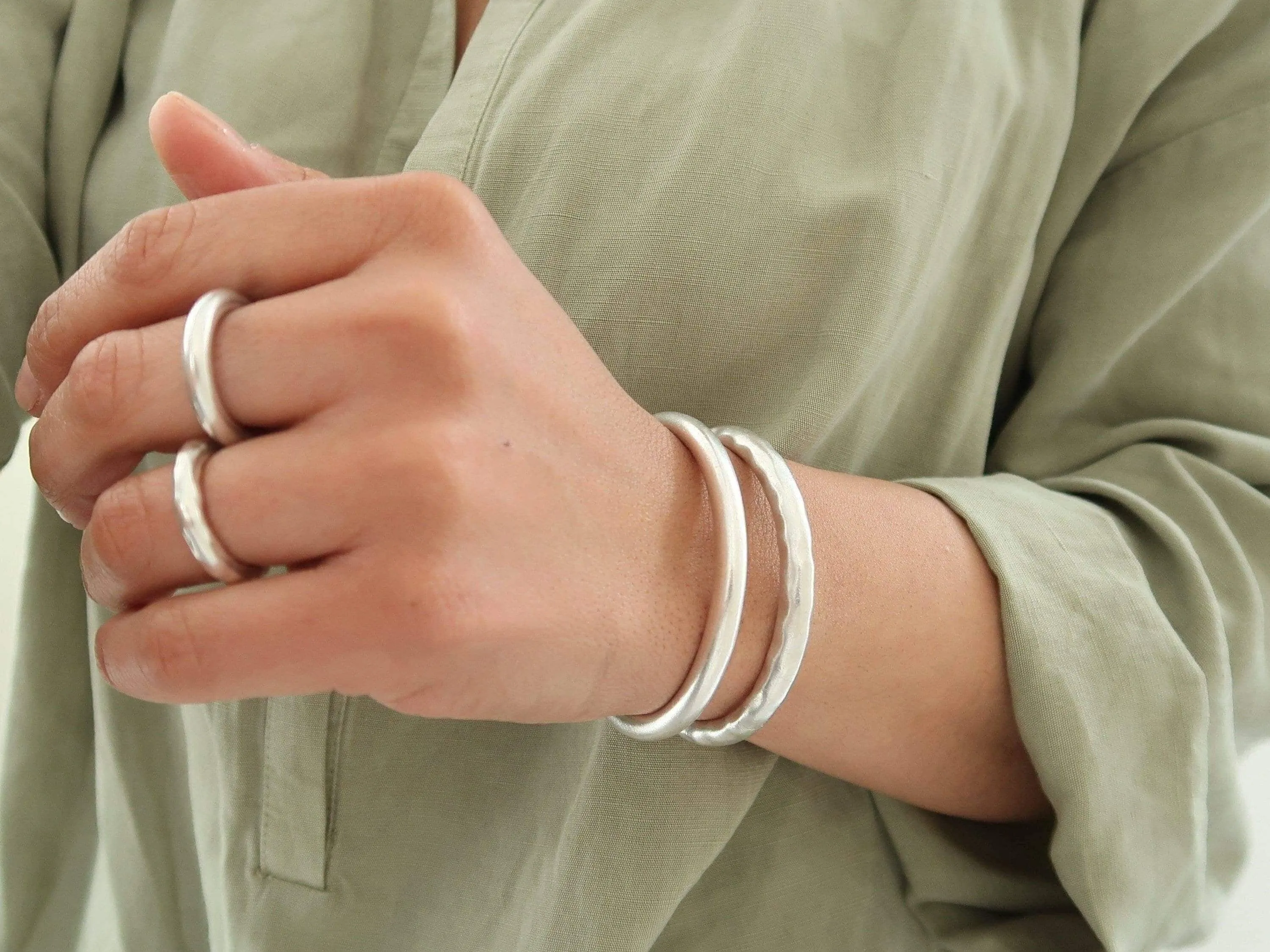 Silver Thick Hammered/Simple Shiny Cuff Bracelet