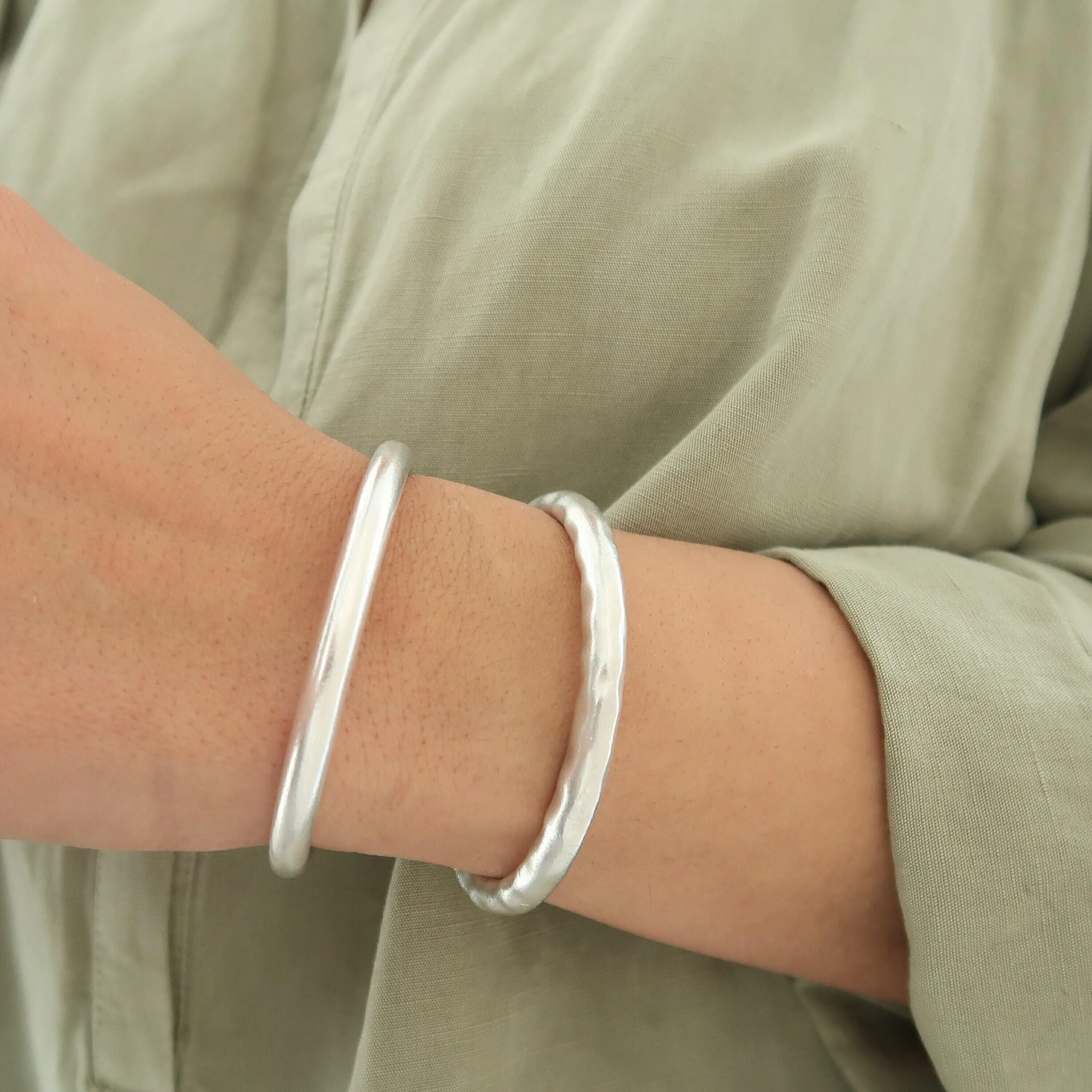 Silver Thick Hammered/Simple Shiny Cuff Bracelet