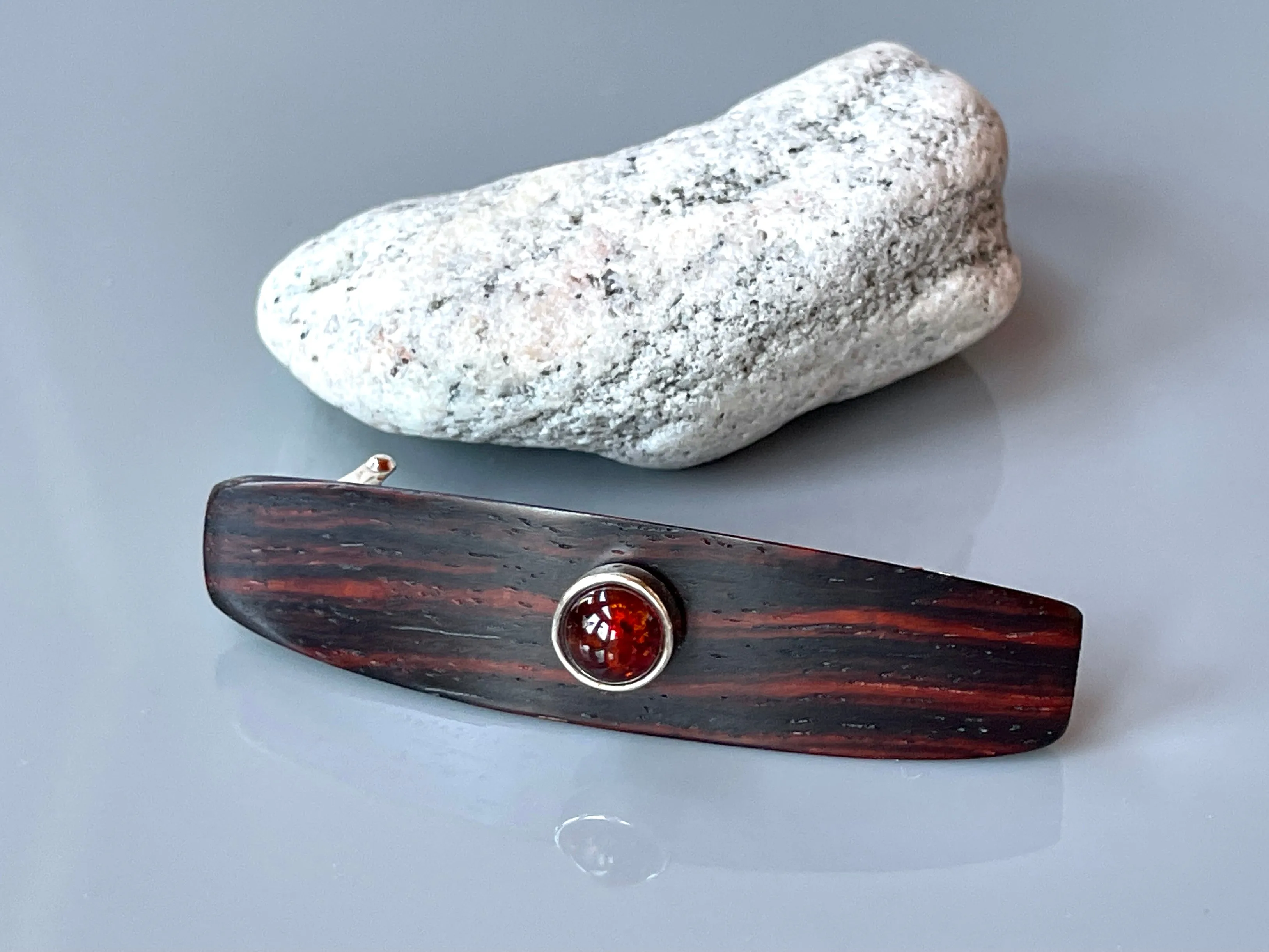 Small Cocobolo Rosewood Genuine Baltic Amber barrette, Gemstone Barrette