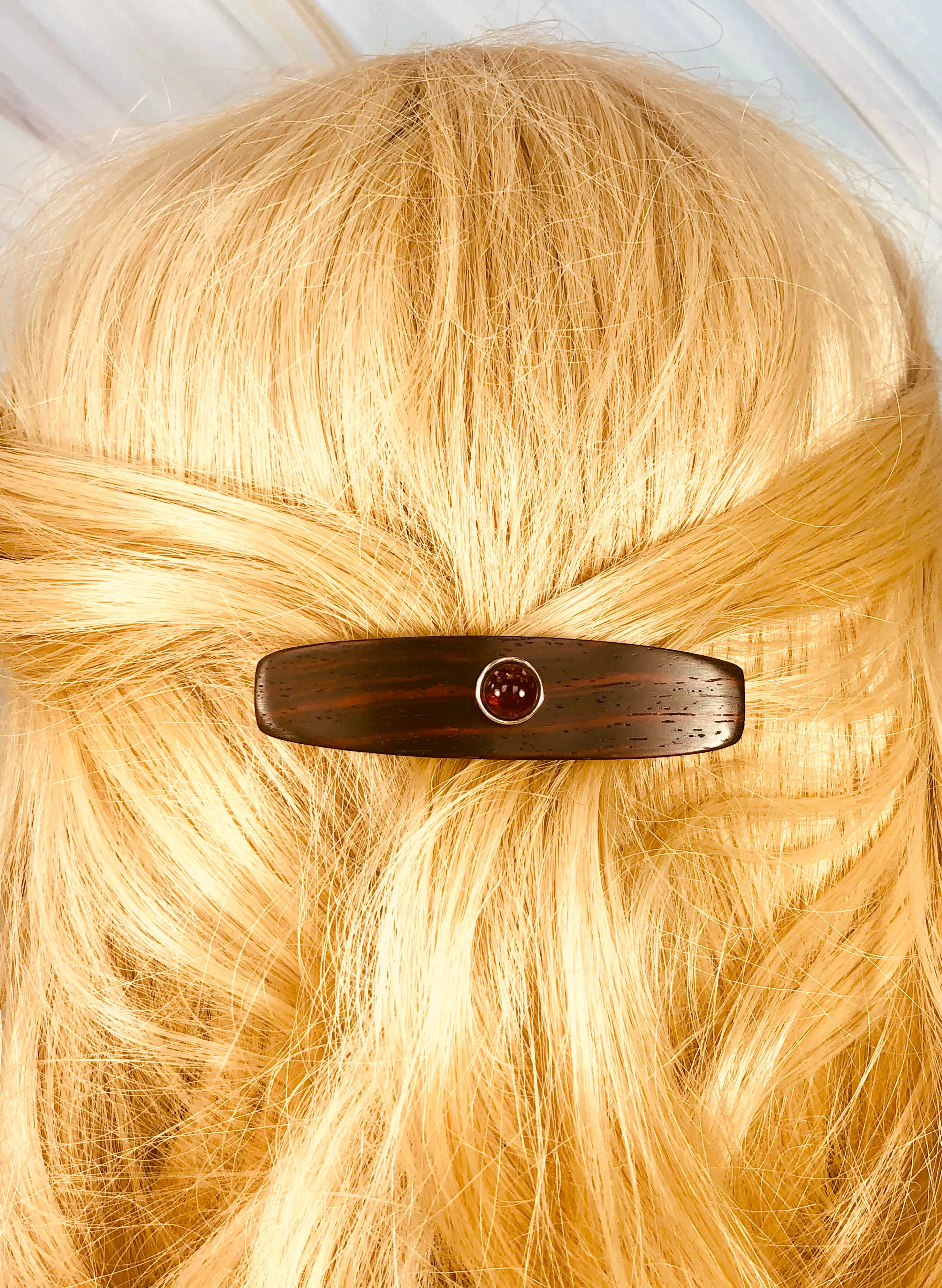 Small Cocobolo Rosewood Genuine Baltic Amber barrette, Gemstone Barrette