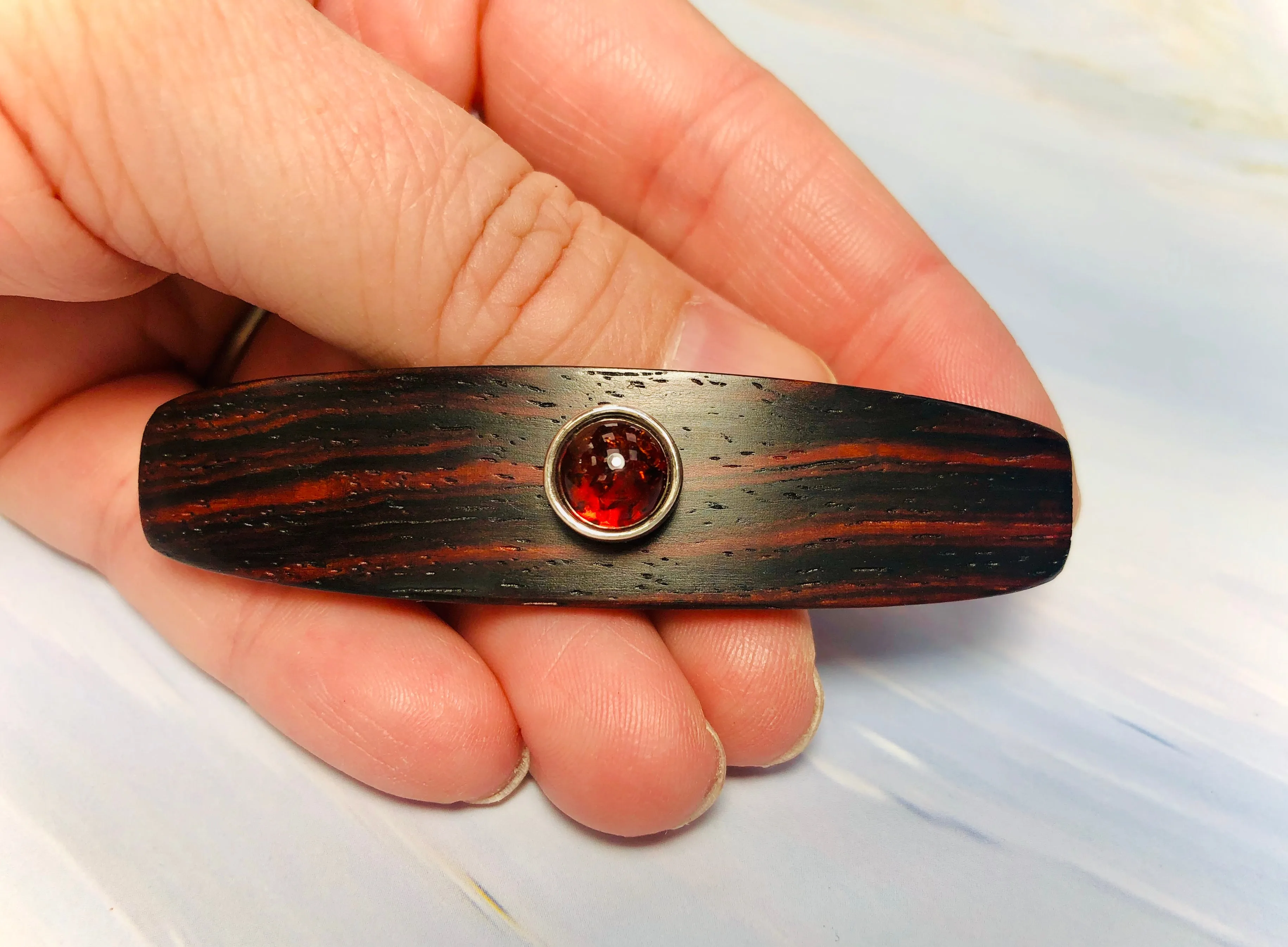 Small Cocobolo Rosewood Genuine Baltic Amber barrette, Gemstone Barrette