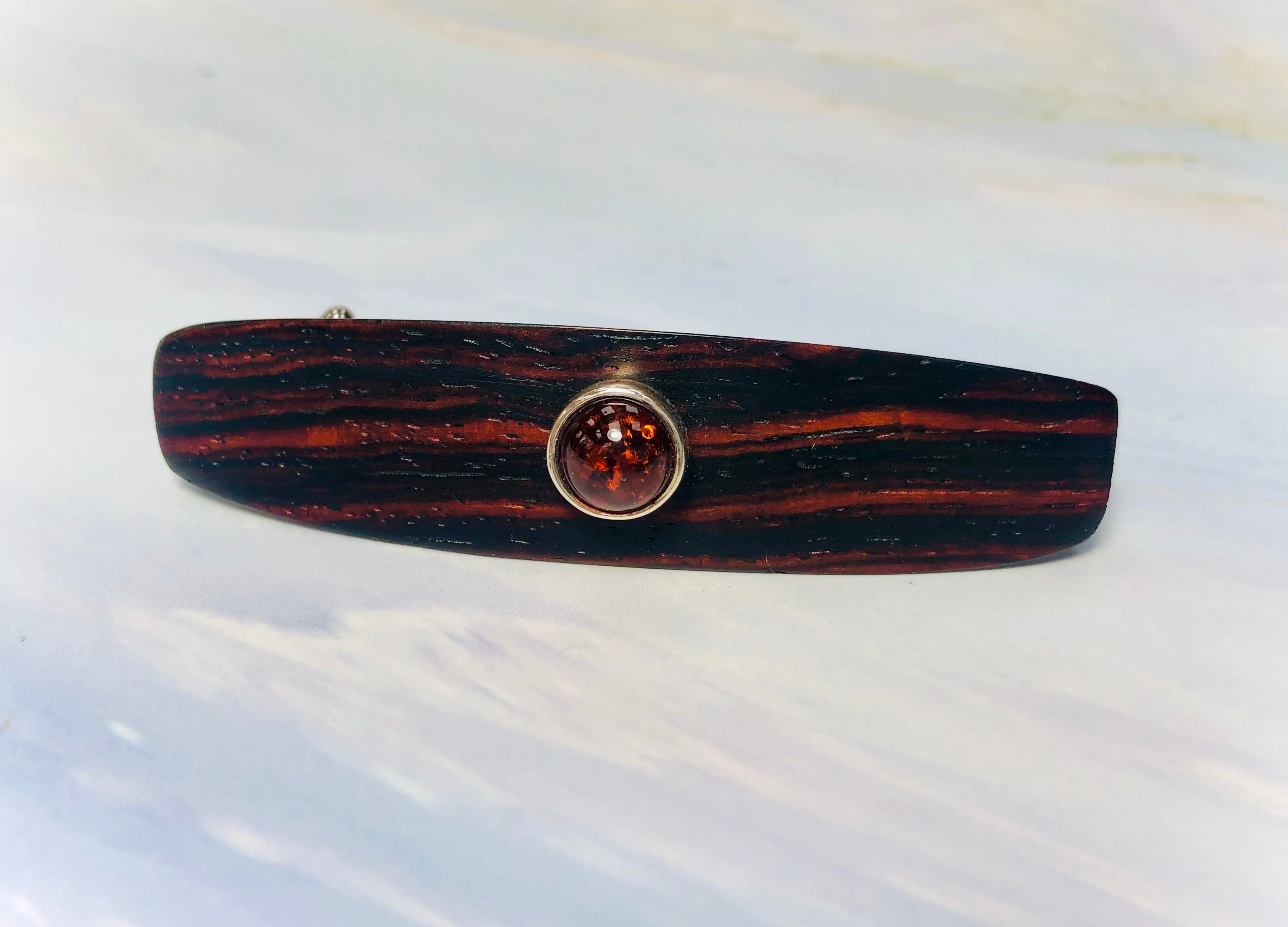 Small Cocobolo Rosewood Genuine Baltic Amber barrette, Gemstone Barrette