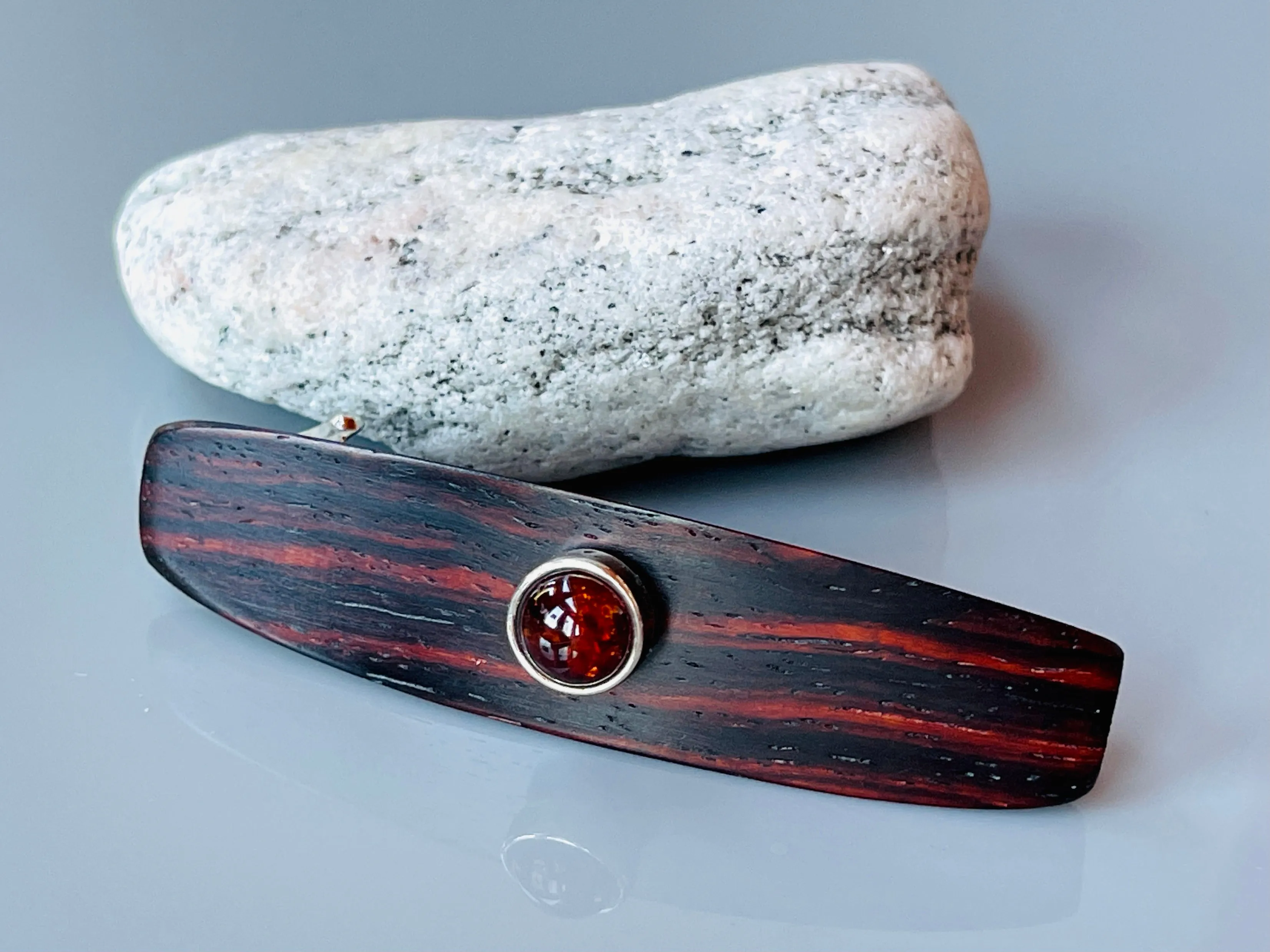 Small Cocobolo Rosewood Genuine Baltic Amber barrette, Gemstone Barrette