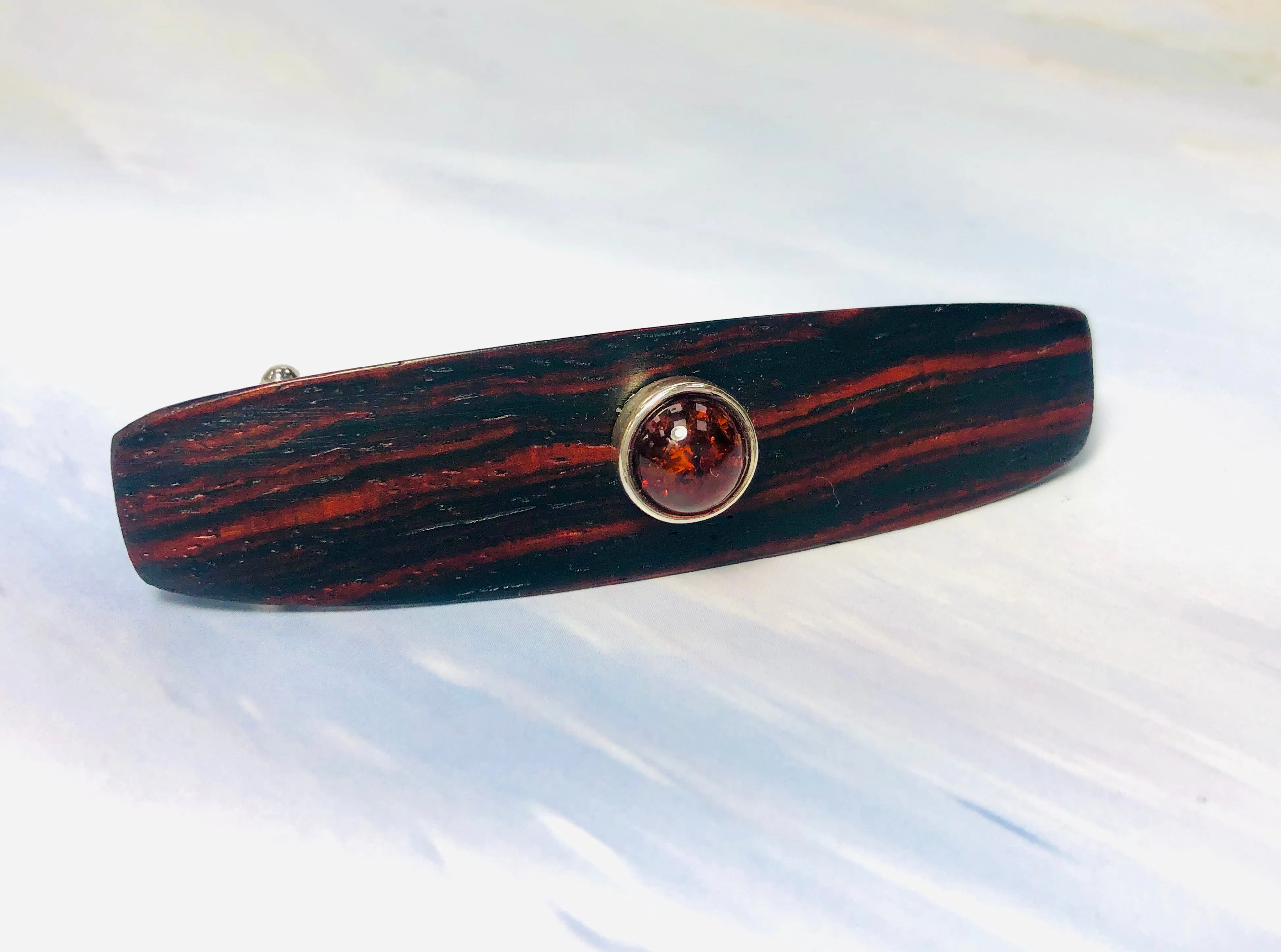 Small Cocobolo Rosewood Genuine Baltic Amber barrette, Gemstone Barrette