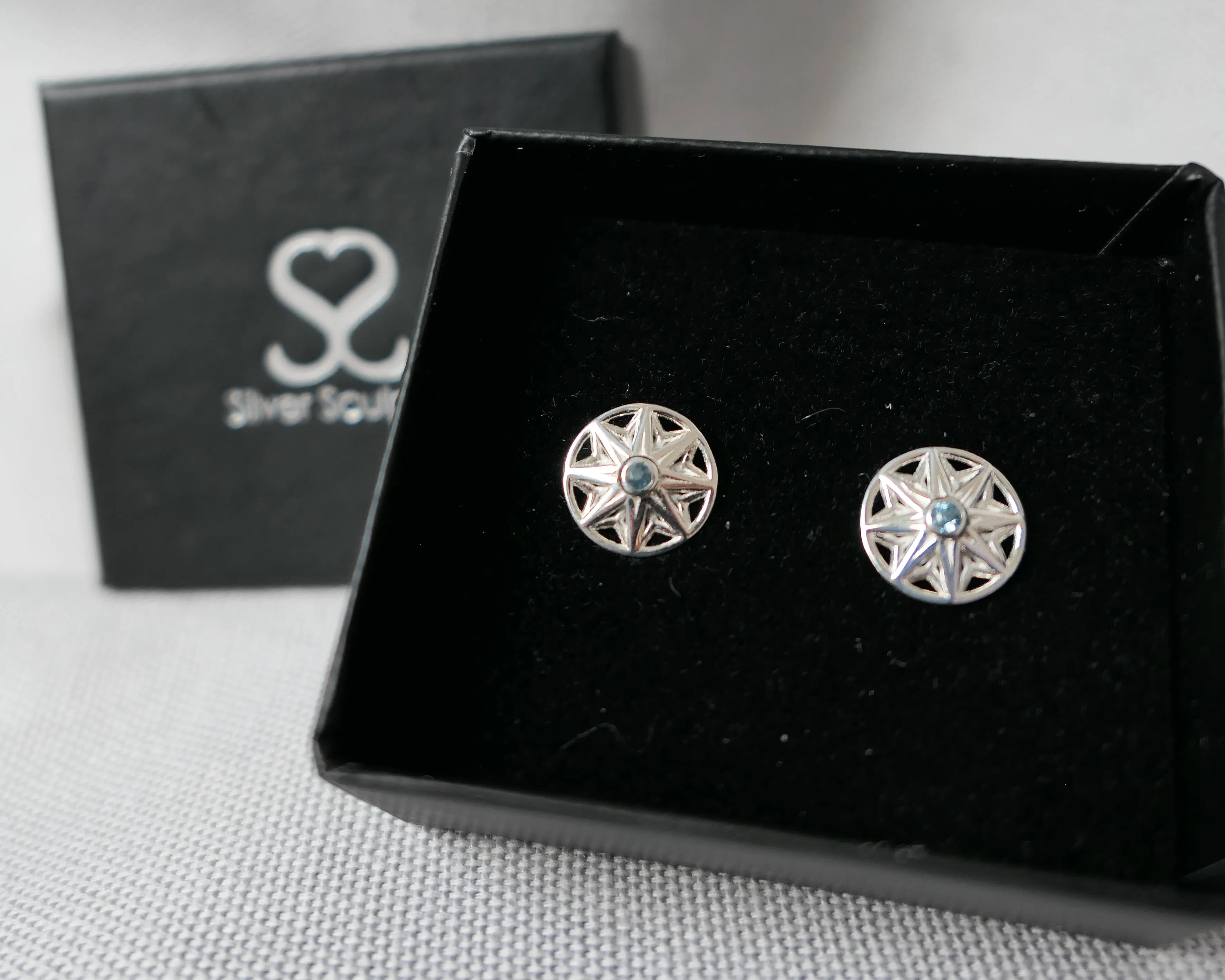 Small Flower Stud Earrings, London Blue Topaz Sterling Silver