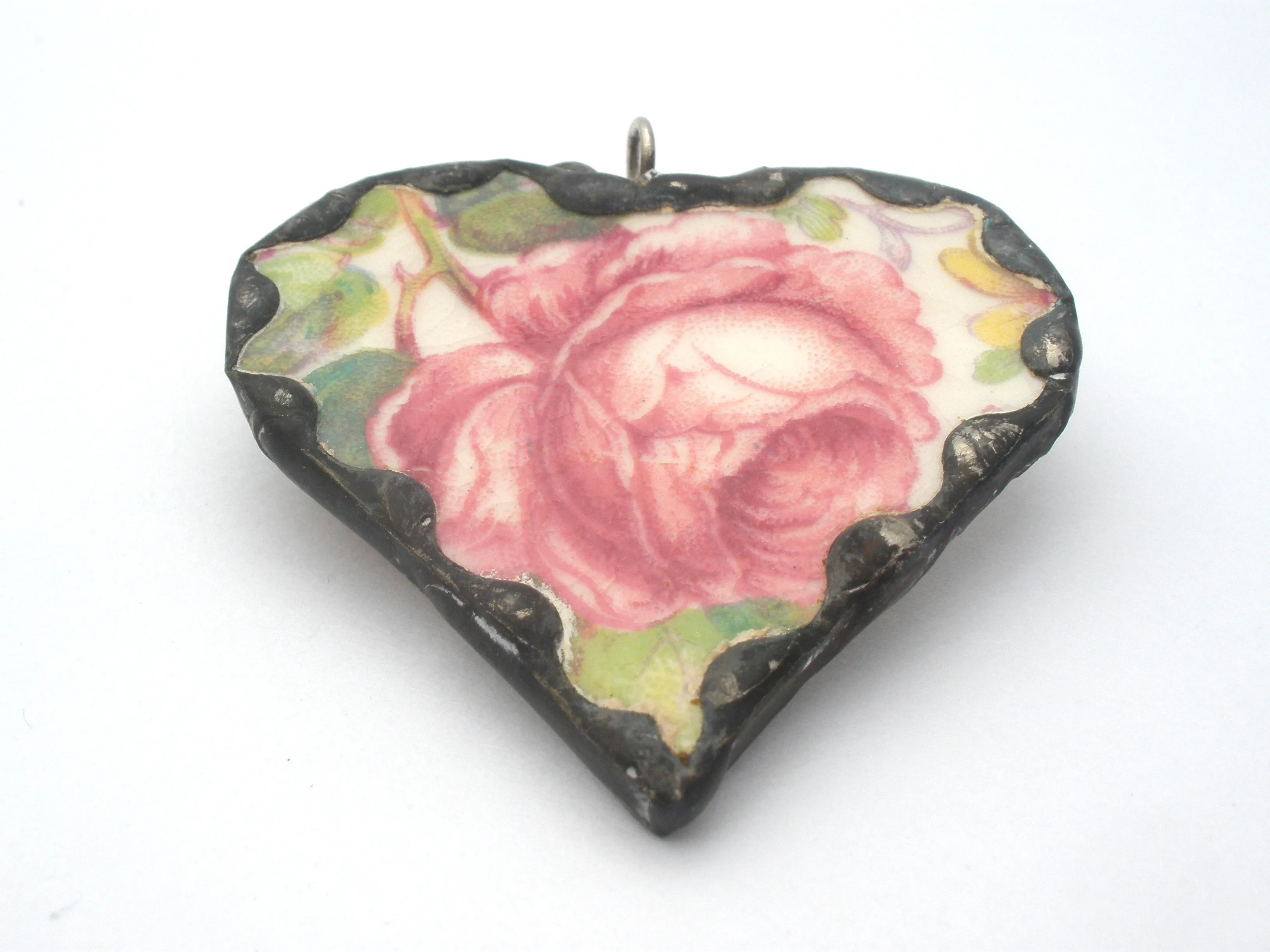 Staffordshire Rose Broken China Porcelain Pendant Brooch