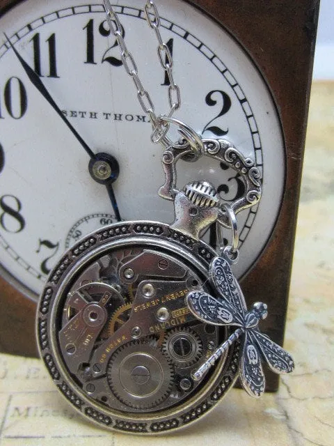 STeampunk pocket watch necklace - Dragonfly - Steampunk Necklace - Repurposed Art