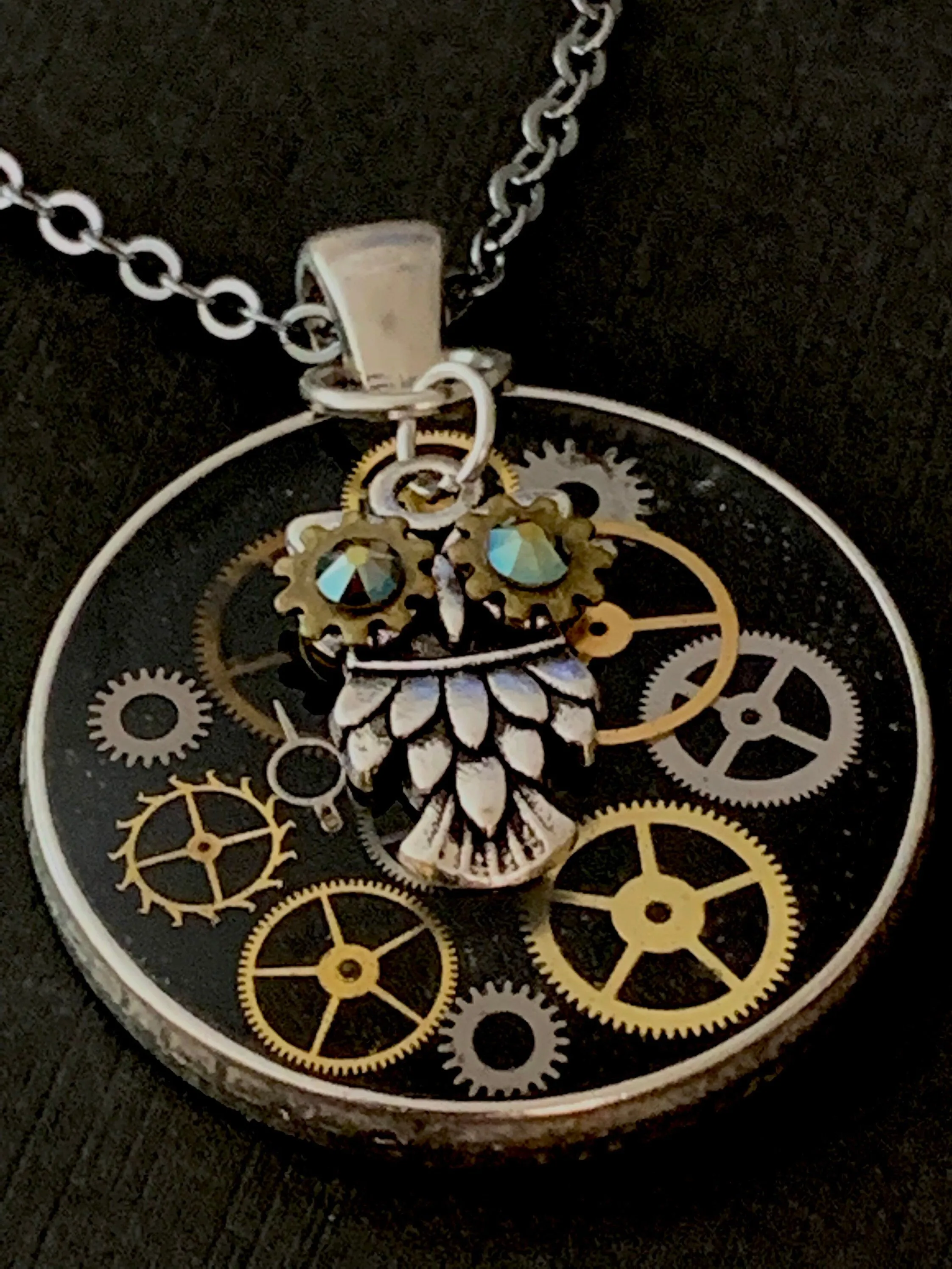 Steampunk Watch gears pendant - Owl with Borealis Green eyes - Steampunk Necklace - Repurposed art gift for her owl lover