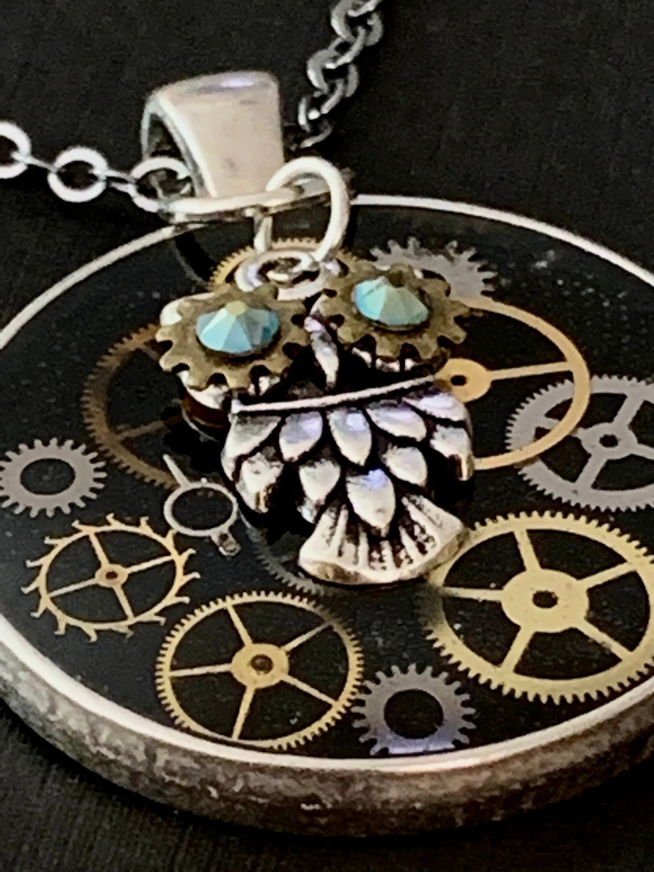 Steampunk Watch gears pendant - Owl with Borealis Green eyes - Steampunk Necklace - Repurposed art gift for her owl lover