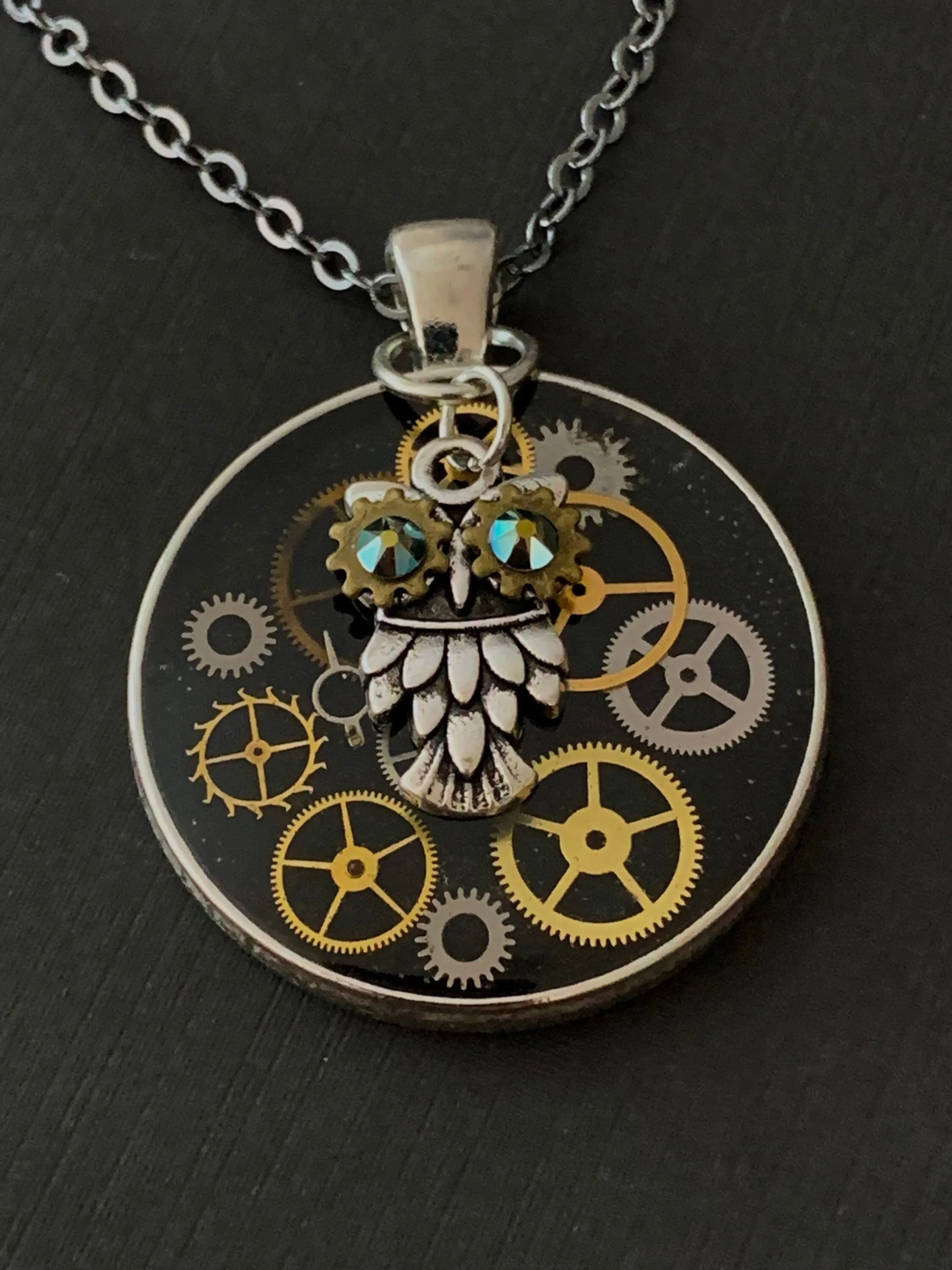 Steampunk Watch gears pendant - Owl with Borealis Green eyes - Steampunk Necklace - Repurposed art gift for her owl lover