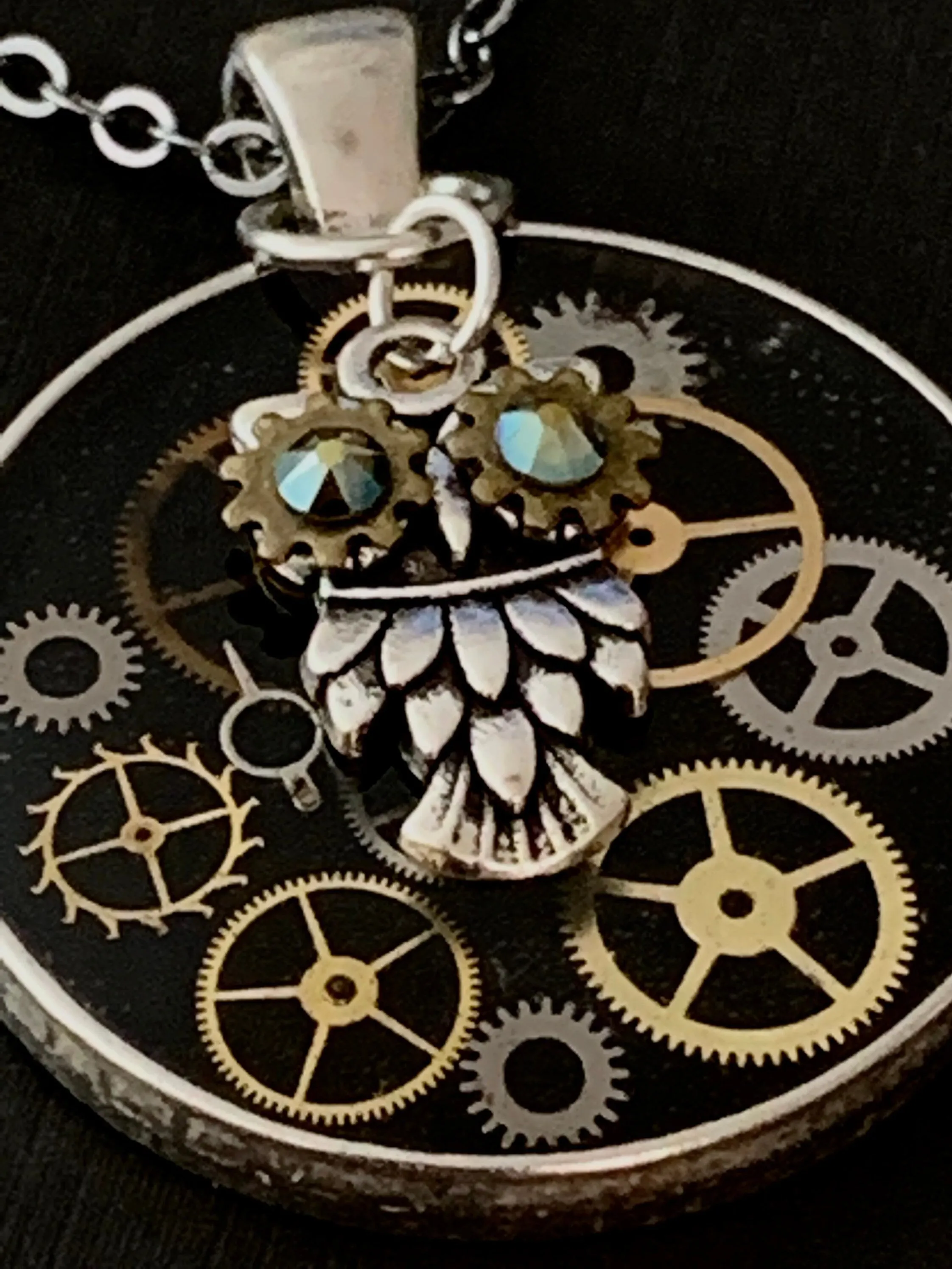 Steampunk Watch gears pendant - Owl with Borealis Green eyes - Steampunk Necklace - Repurposed art gift for her owl lover