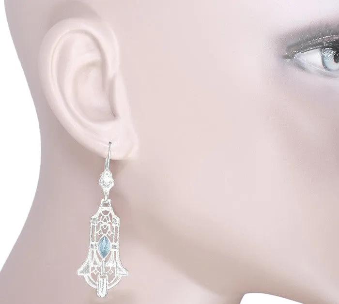 Sterling Silver Art Deco Geometric Sky Blue Topaz Dangling Filigree Earrings