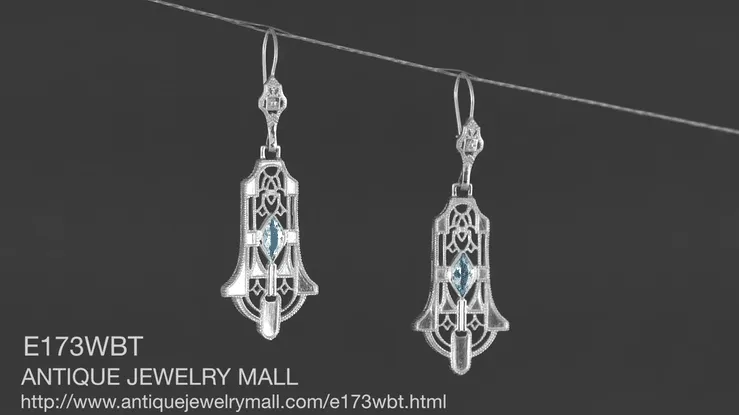 Sterling Silver Art Deco Geometric Sky Blue Topaz Dangling Filigree Earrings