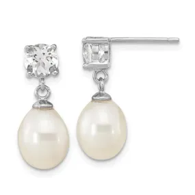 Sterling Silver White Topaz 7-10mm White Teardrop Fresh Water Cultured Pearl Earrings