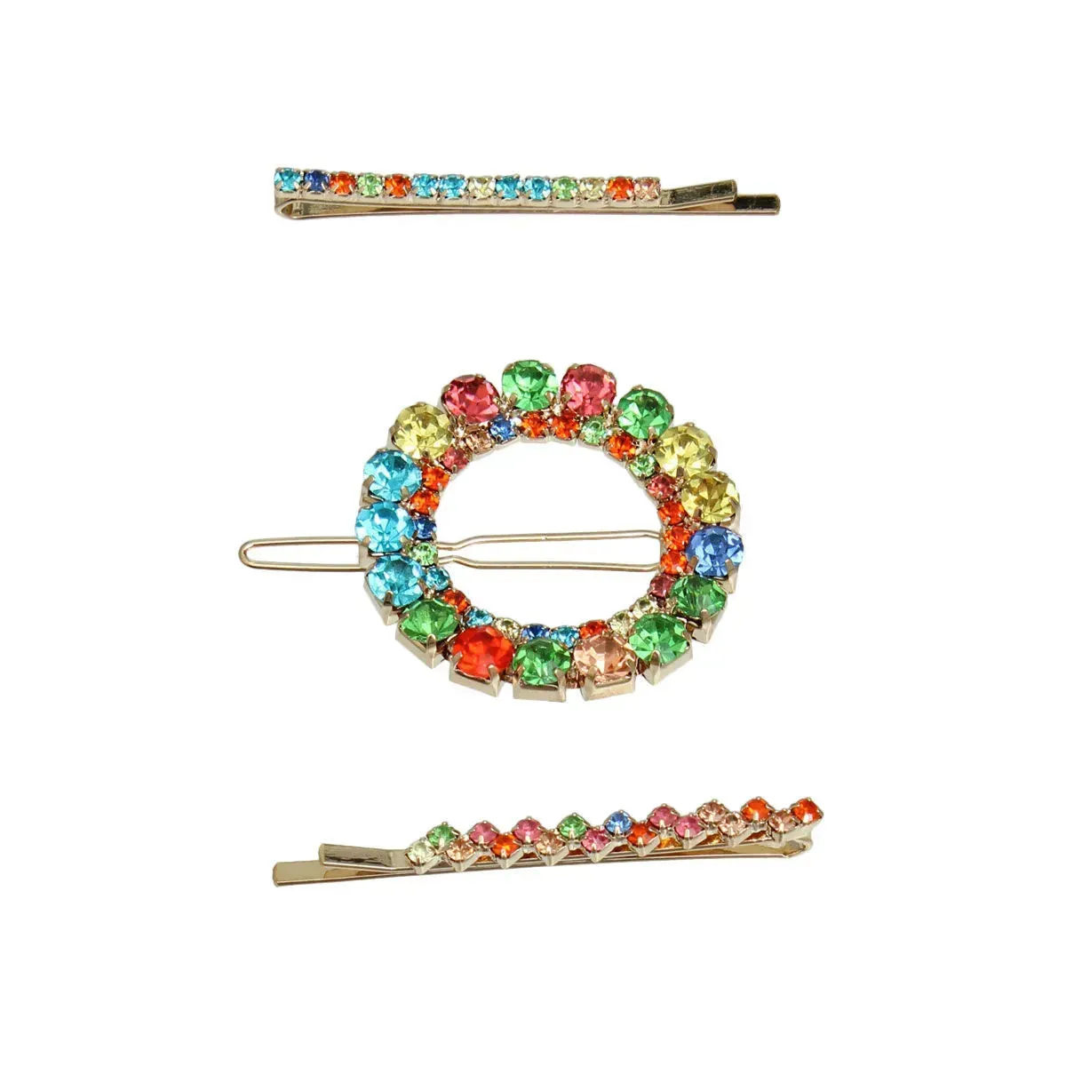 Stunning 3 Pcs Gold Metal & Multicolor Rhinestone Bobby Pin Hair Set