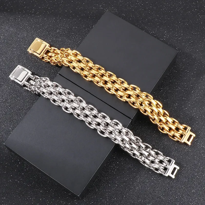 Stylish Hip-Hop-Inspired Double-Layer O-Chain Stainless Steel Men's Bracelet with Gold Plating