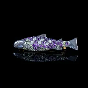 Suffragette Fish Brooch Amethyst Peridot 18Ct Gold On Silver