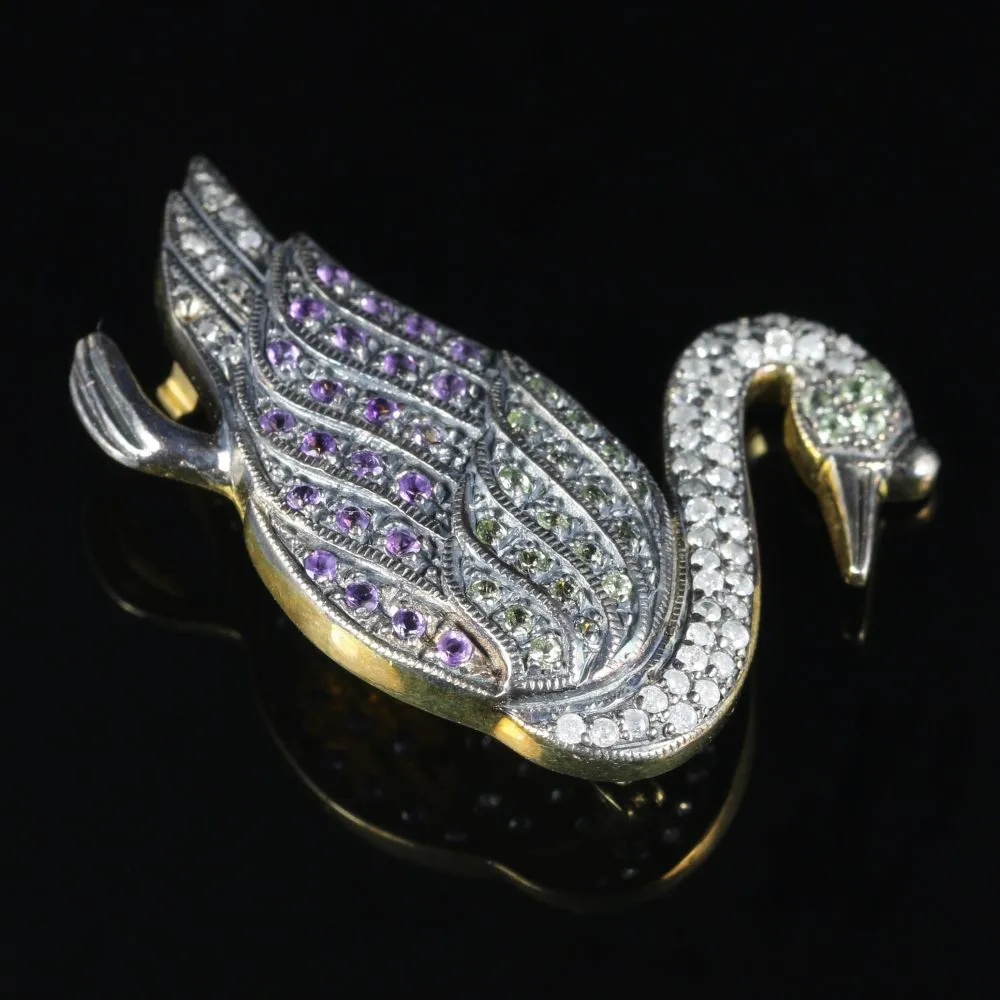 Suffragette Swan Brooch Diamond Amethyst Peridot