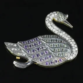 Suffragette Swan Brooch Diamond Amethyst Peridot