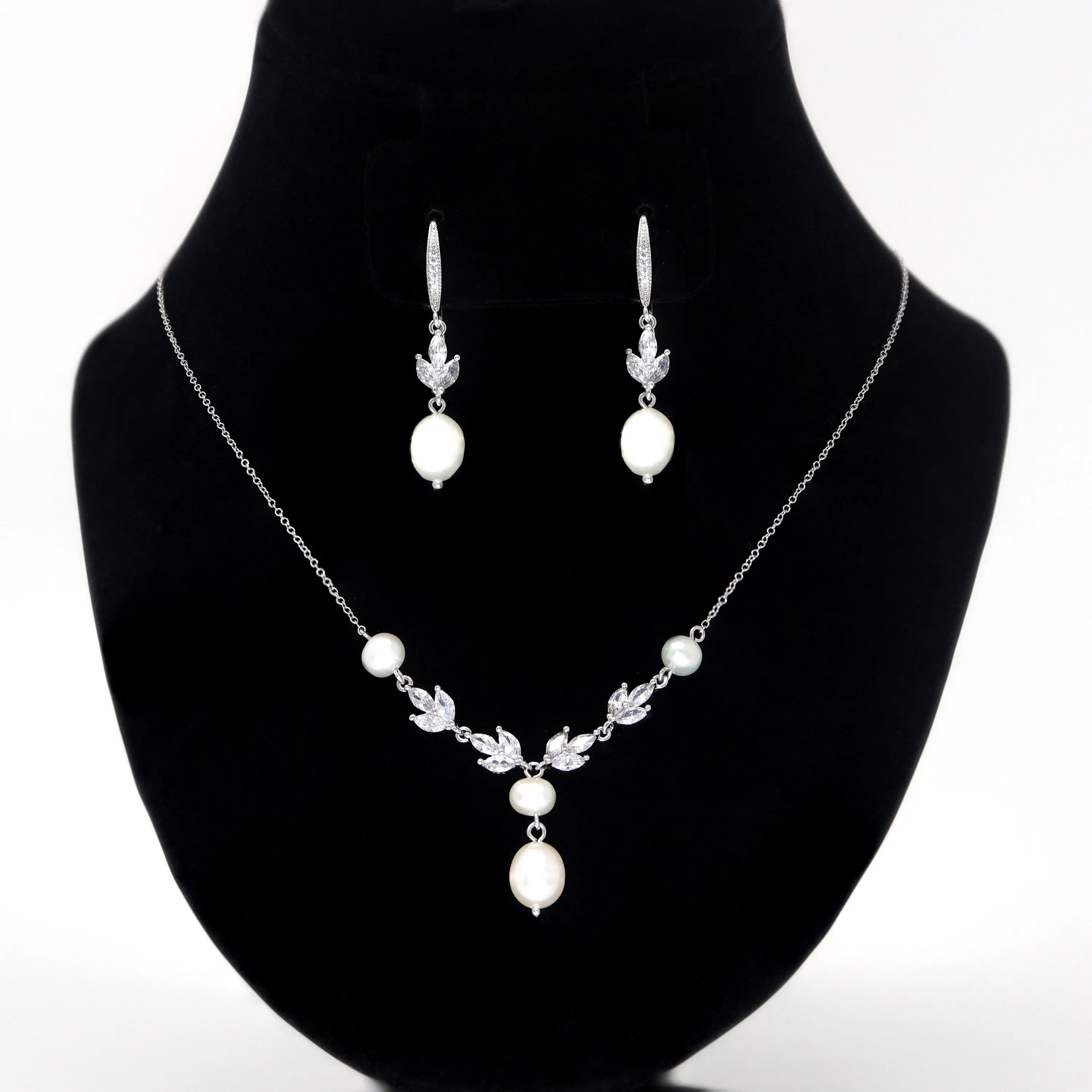 Swarovski Crystal Freshwater Natural Pearl Vine Leaves Necklace Set, Long Bridal Earrings And Necklace, Statement Earrings Cz