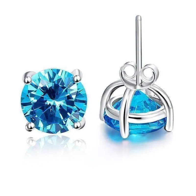 Tahitian Blue 5.9CT Round Blue Topaz 925 Sterling Silver IOBI Precious Gems Stud Earrings for Woman