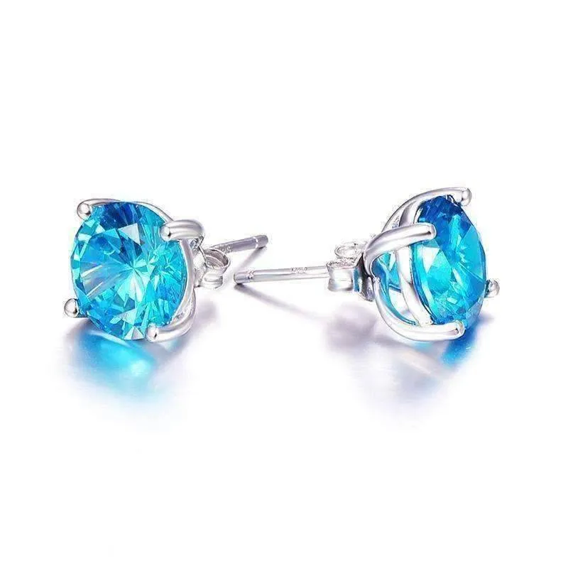 Tahitian Blue 5.9CT Round Blue Topaz 925 Sterling Silver IOBI Precious Gems Stud Earrings for Woman