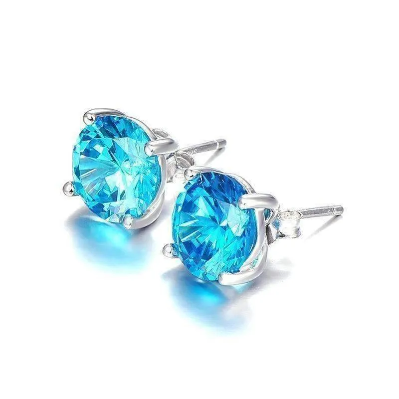 Tahitian Blue 5.9CT Round Blue Topaz 925 Sterling Silver IOBI Precious Gems Stud Earrings for Woman