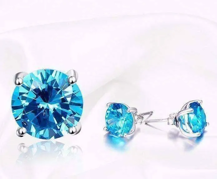 Tahitian Blue 5.9CT Round Blue Topaz 925 Sterling Silver IOBI Precious Gems Stud Earrings for Woman