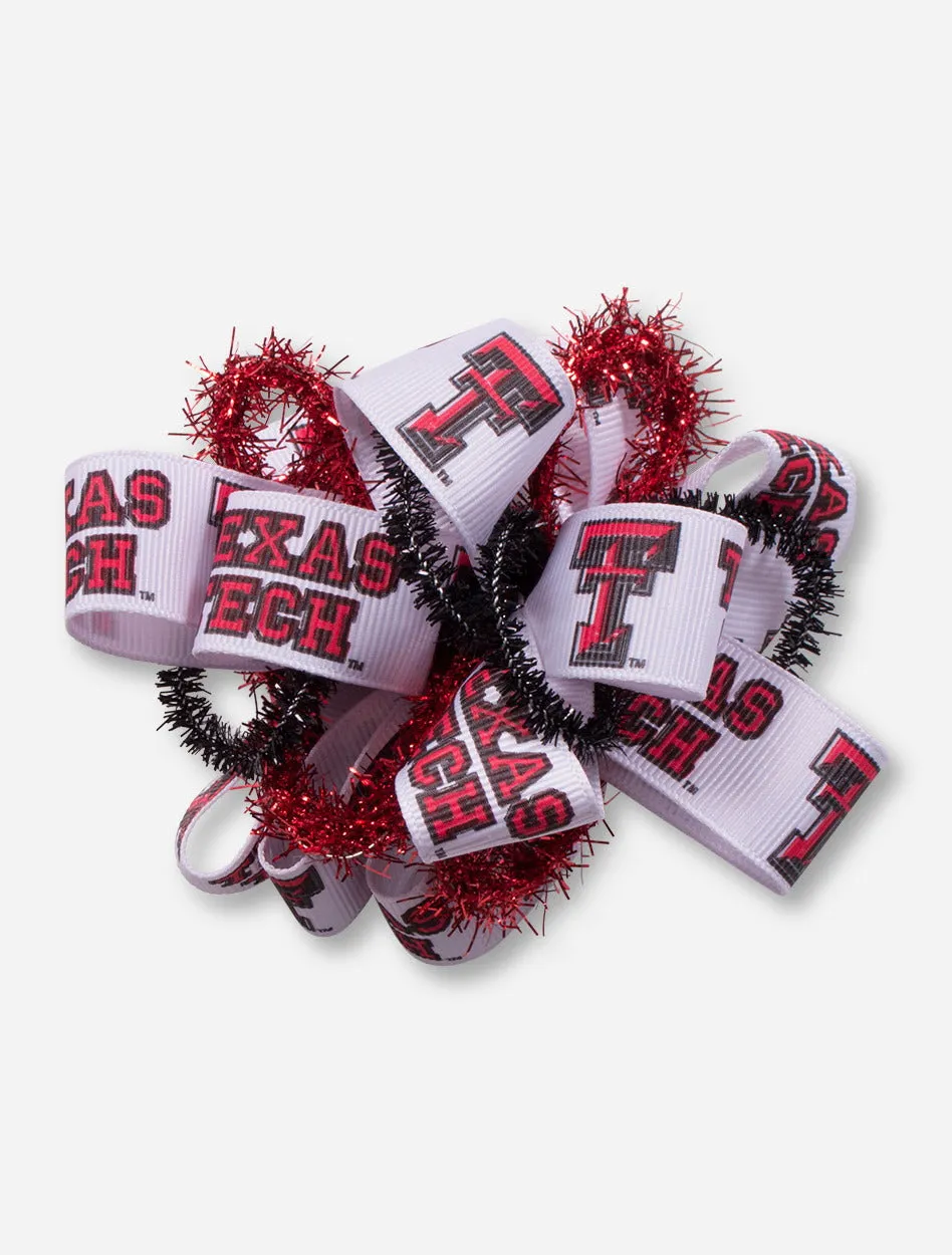 Texas Tech Double T White Ribbon with Red and Black Tinsel Hair Bow