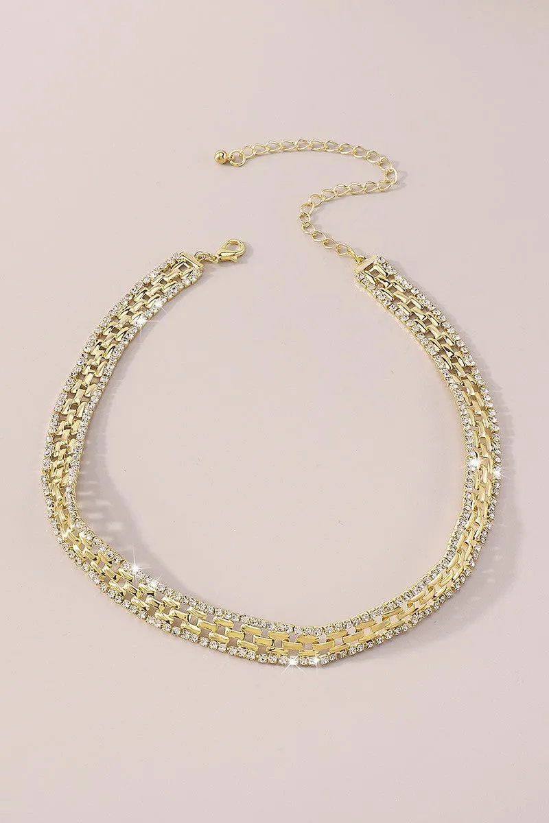 Thick Rhinestone Watch Chains Choker Necklace- Gold or Silver