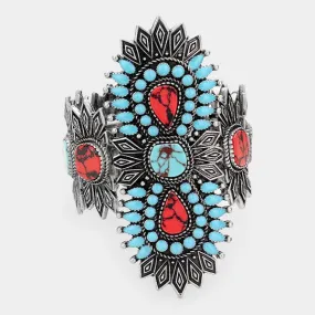 Tribal Red Coral Turquoise Enamel Cluster Stretch Bracelet