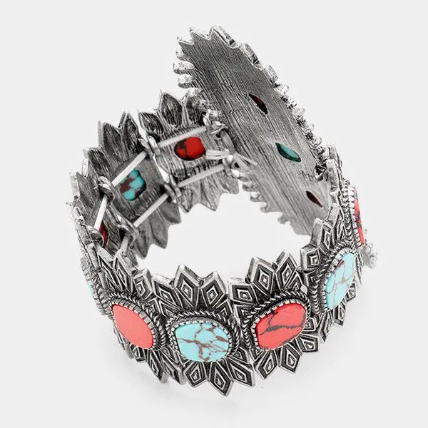 Tribal Red Coral Turquoise Enamel Cluster Stretch Bracelet