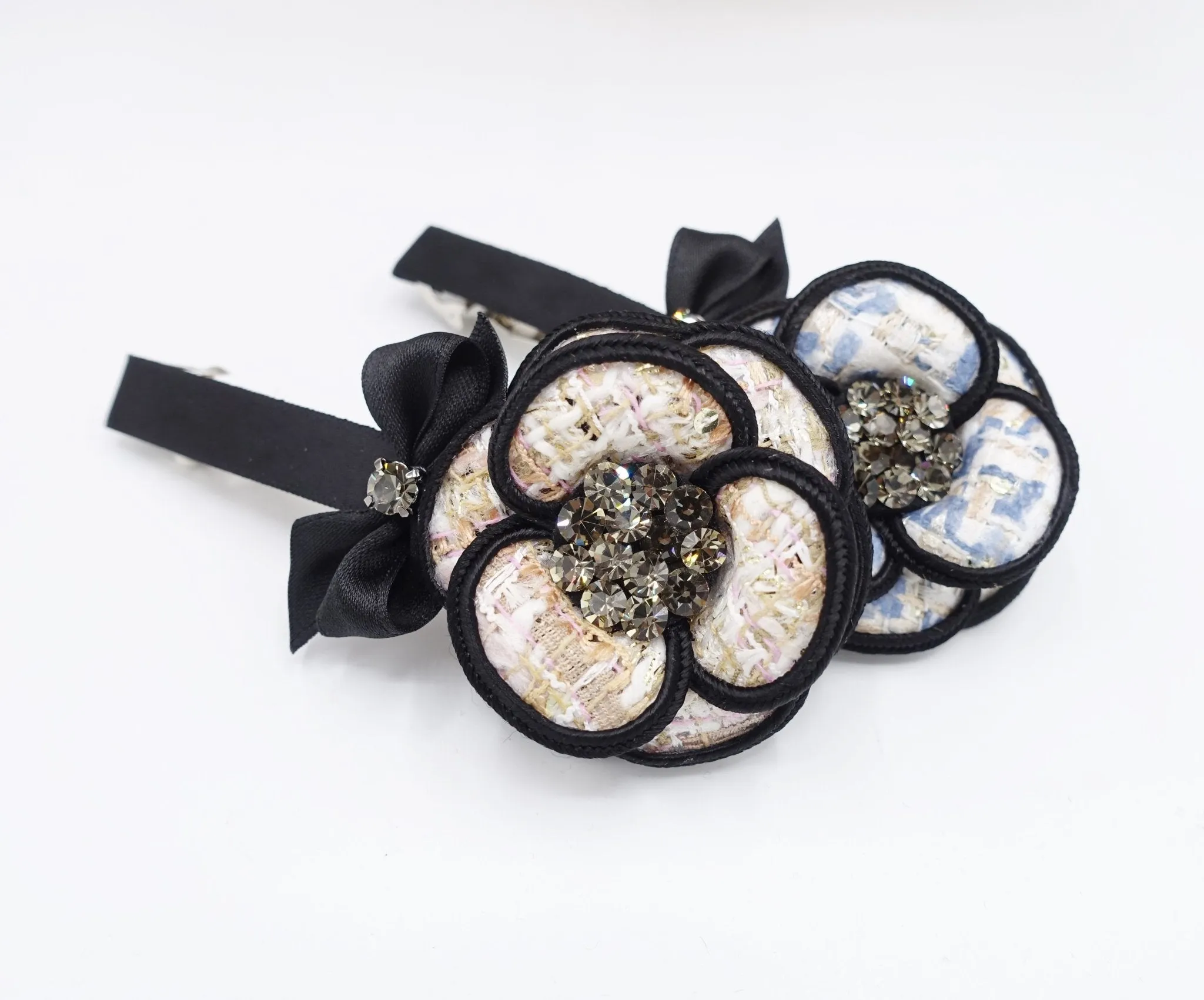 tweed camellia flower hair barrette small satin bow rhinestone embellished flower french barrette