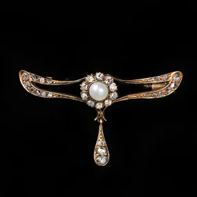 Victorian 14K Yellow Gold Pearl and Diamond Brooch