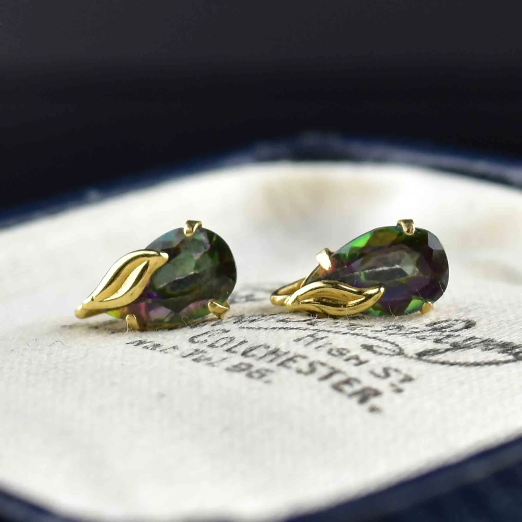 Vintage 10K Gold Leaf Mystic Topaz Stud Earrings