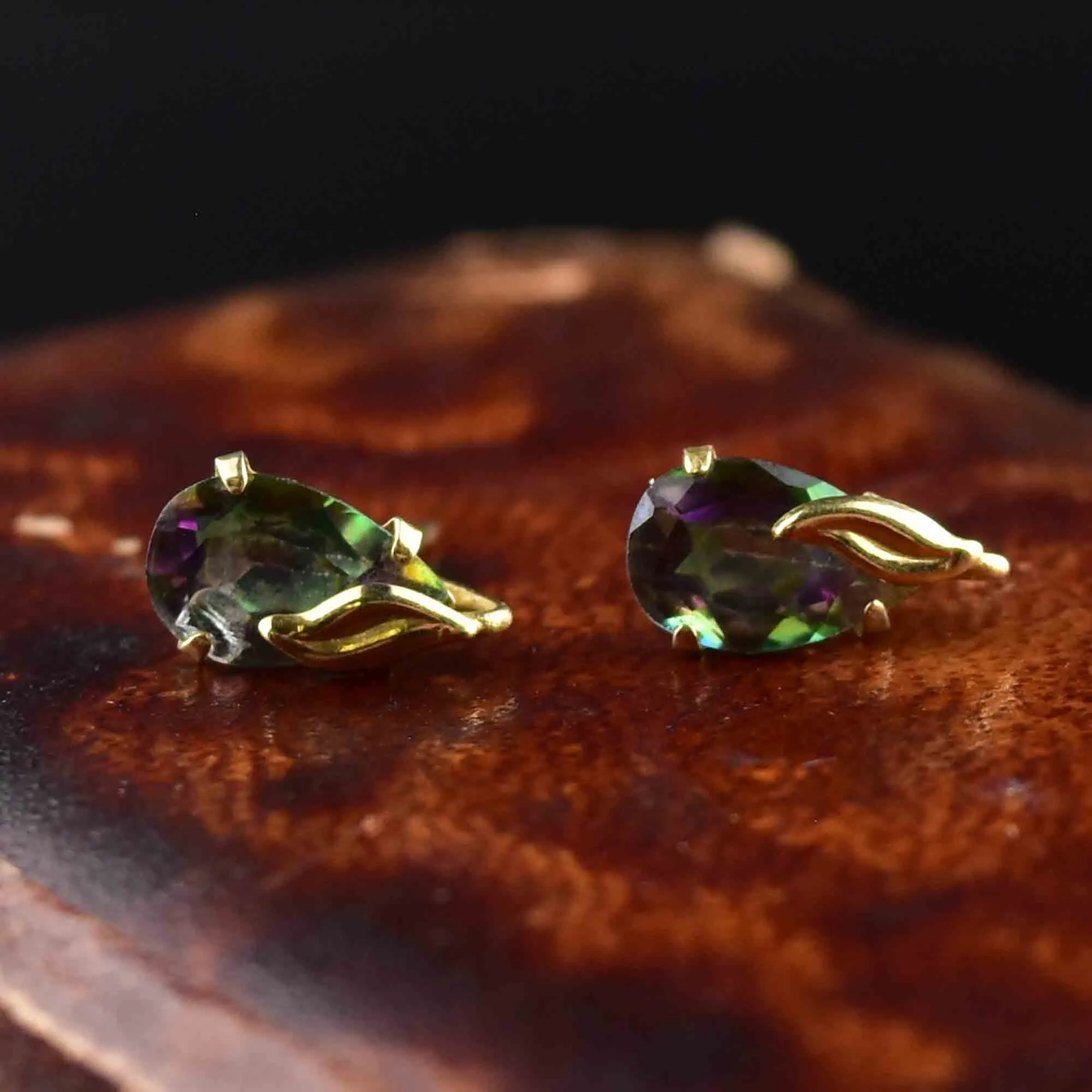 Vintage 10K Gold Leaf Mystic Topaz Stud Earrings