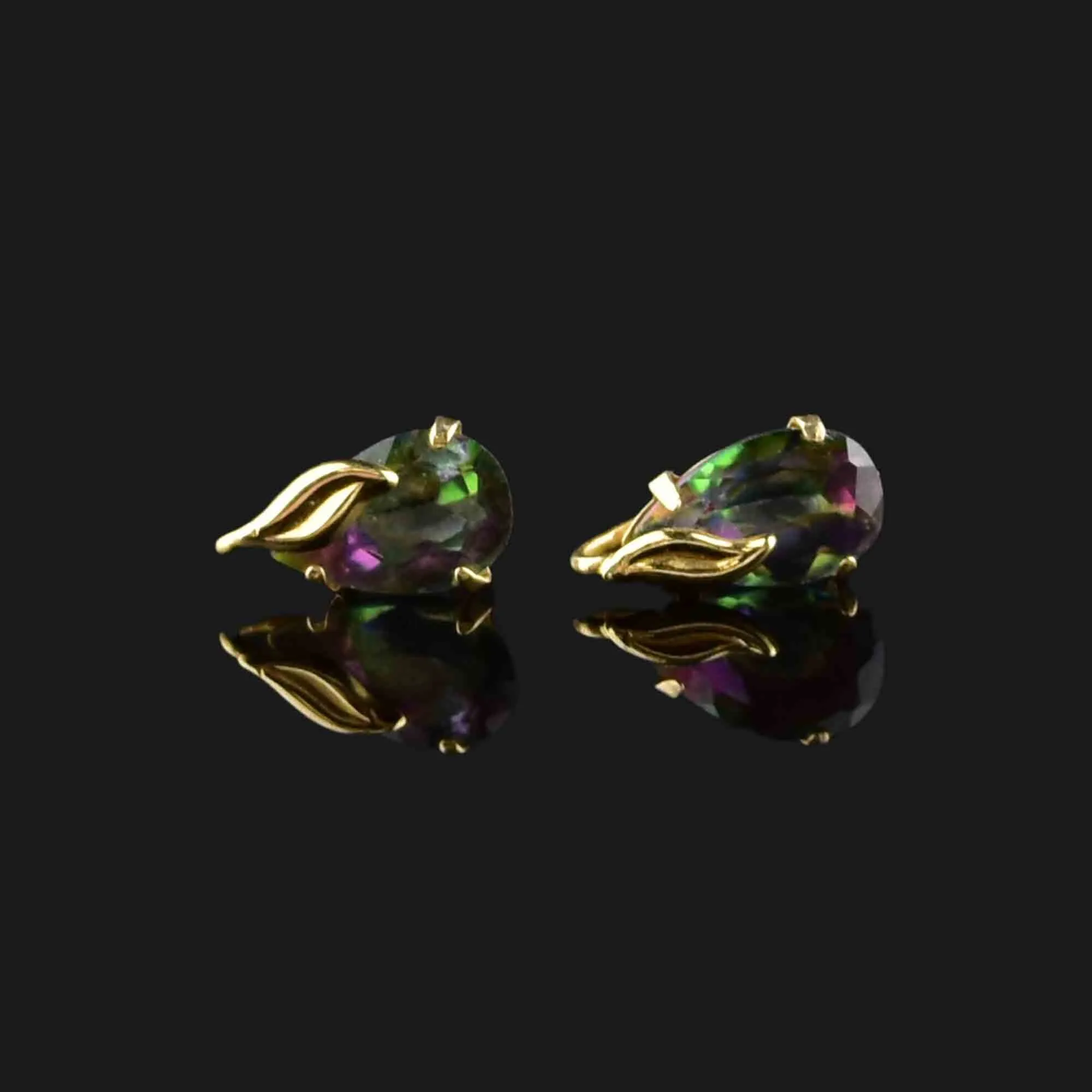 Vintage 10K Gold Leaf Mystic Topaz Stud Earrings