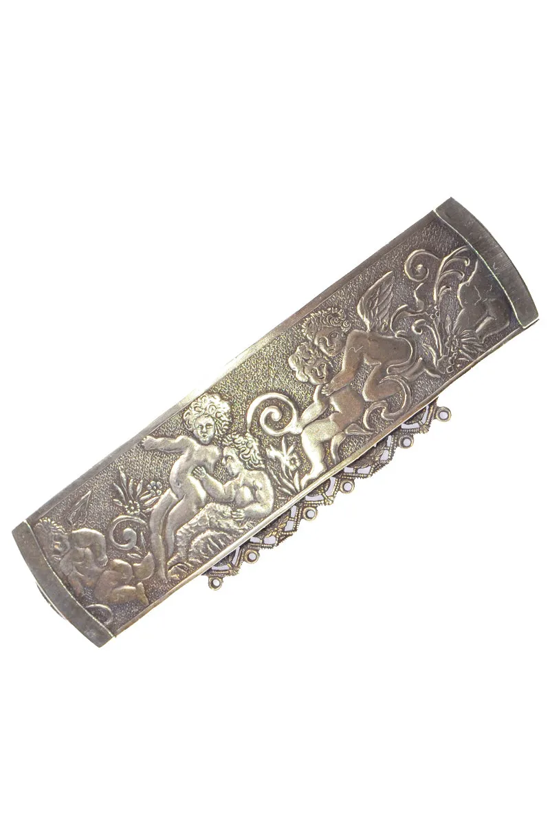 Vintage Brass Barrette w Raised Pattern Angels & Cherubs Made in France