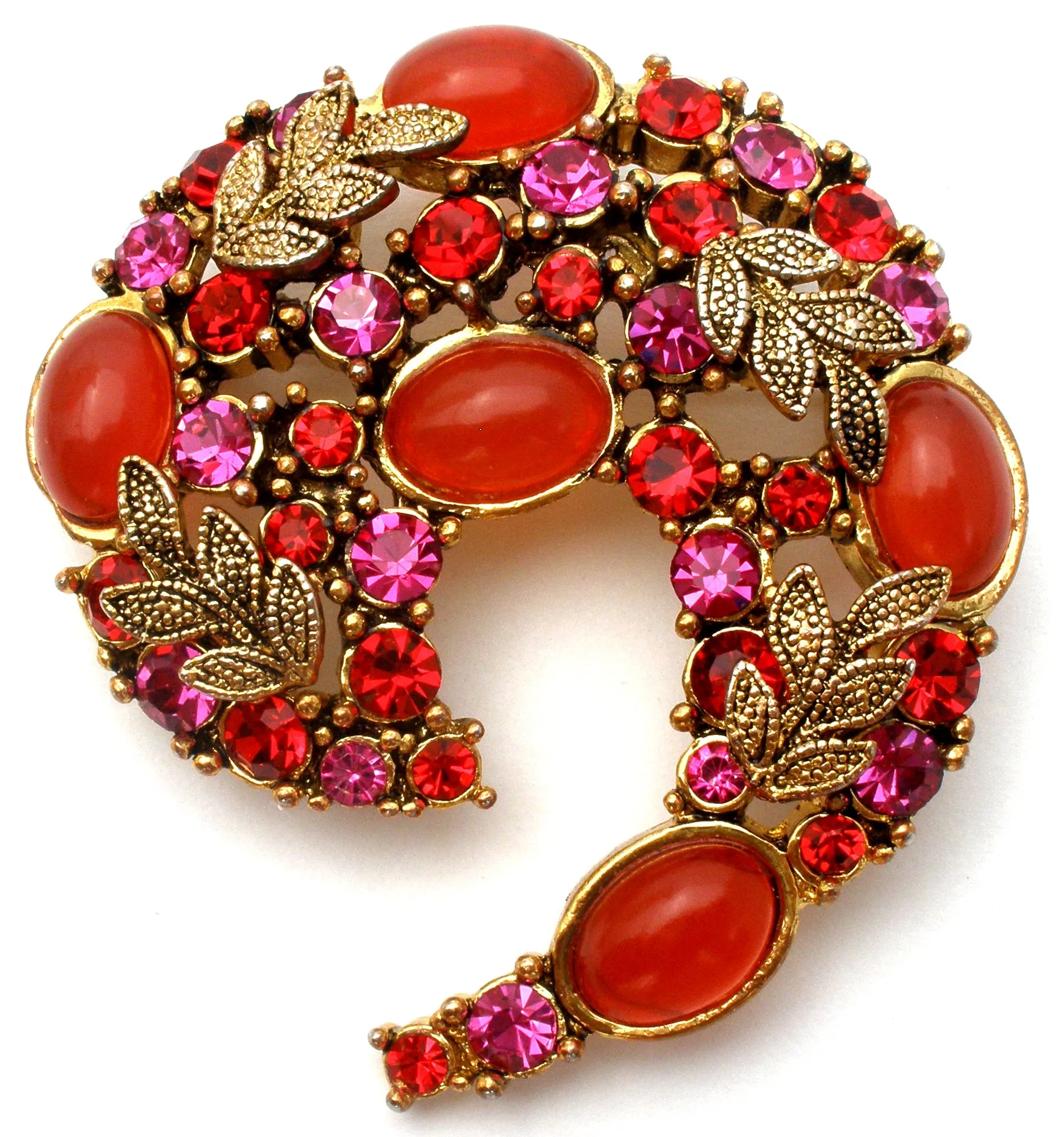 Vintage Brooch With Red Orange and Pink Rhinestones